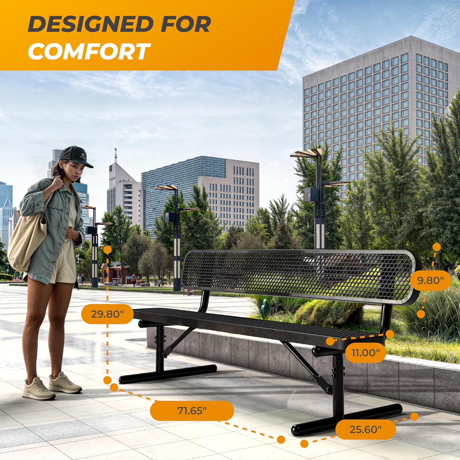 Heavy-Duty Outdoor Metal Bench, Thermoplastic-Coated, Portable, Weatherproof, Commercial-Grade for Parks, Gardens, Patios, Stores & More (6 Ft - Portable with Back, Black)