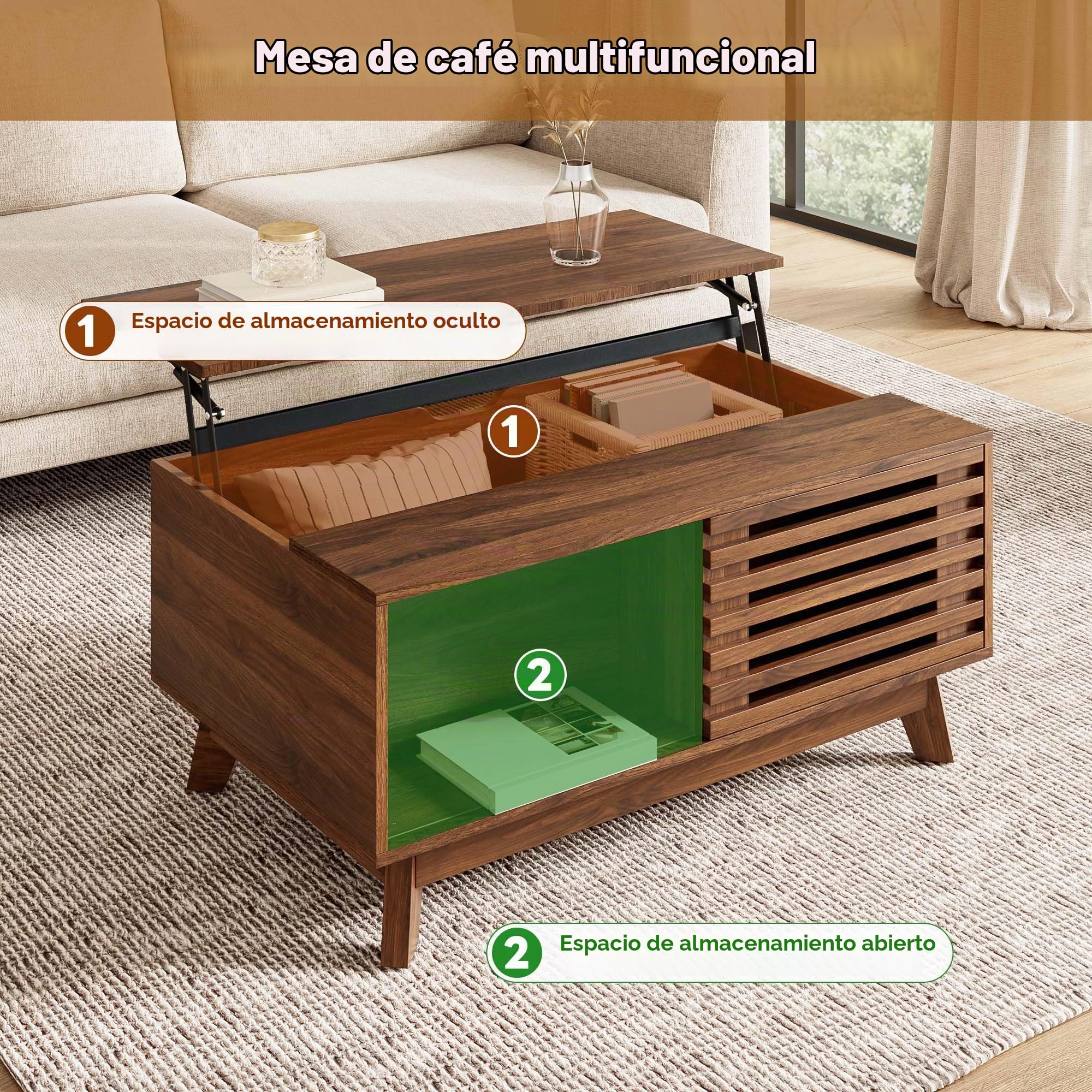 SACOOL Mesa de centro moderna retro, altura ajustable, puerta corredera, efecto nogal, cuerpo de MDF, mesa de salón multifuncional, nogal