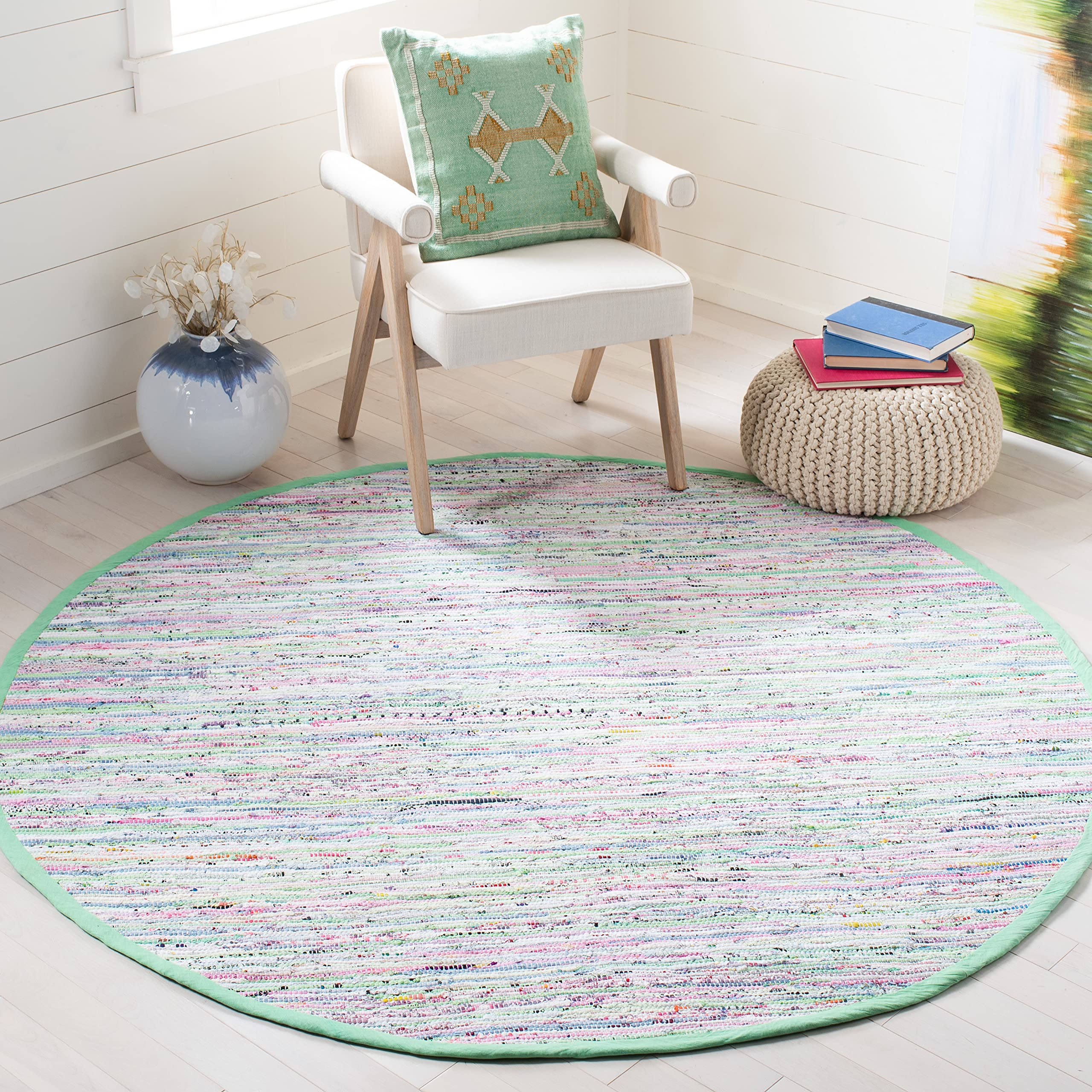 SAFAVIEH Rag Rug Collection Area Rug - 6' Round, Light Green & Multi, Handmade Boho Stripe Cotton, Ideal for High Traffic Areas in Living Room, Bedroom (RAR125D)