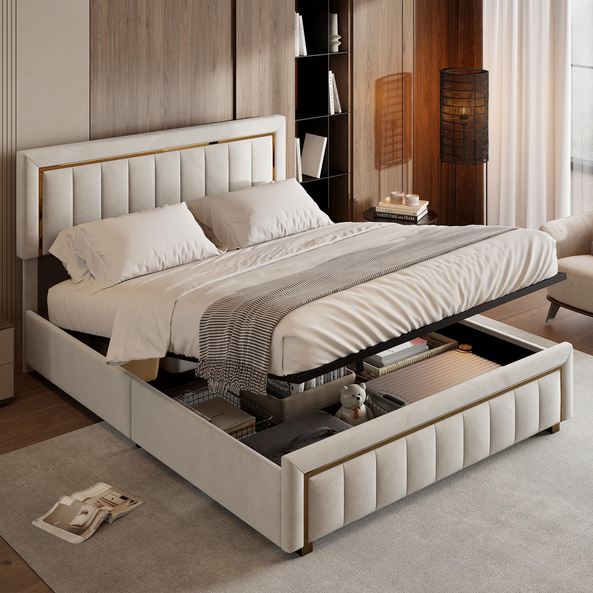 LIVLUX Lit Coffre 140x200 avec Sommier,Lit Double rembourré avec hydraulique Rangement et Tête de lit,Lit 2 Personnes pour Adultes et Adolescents,Velours (Beige A, 140 x 200 cm)