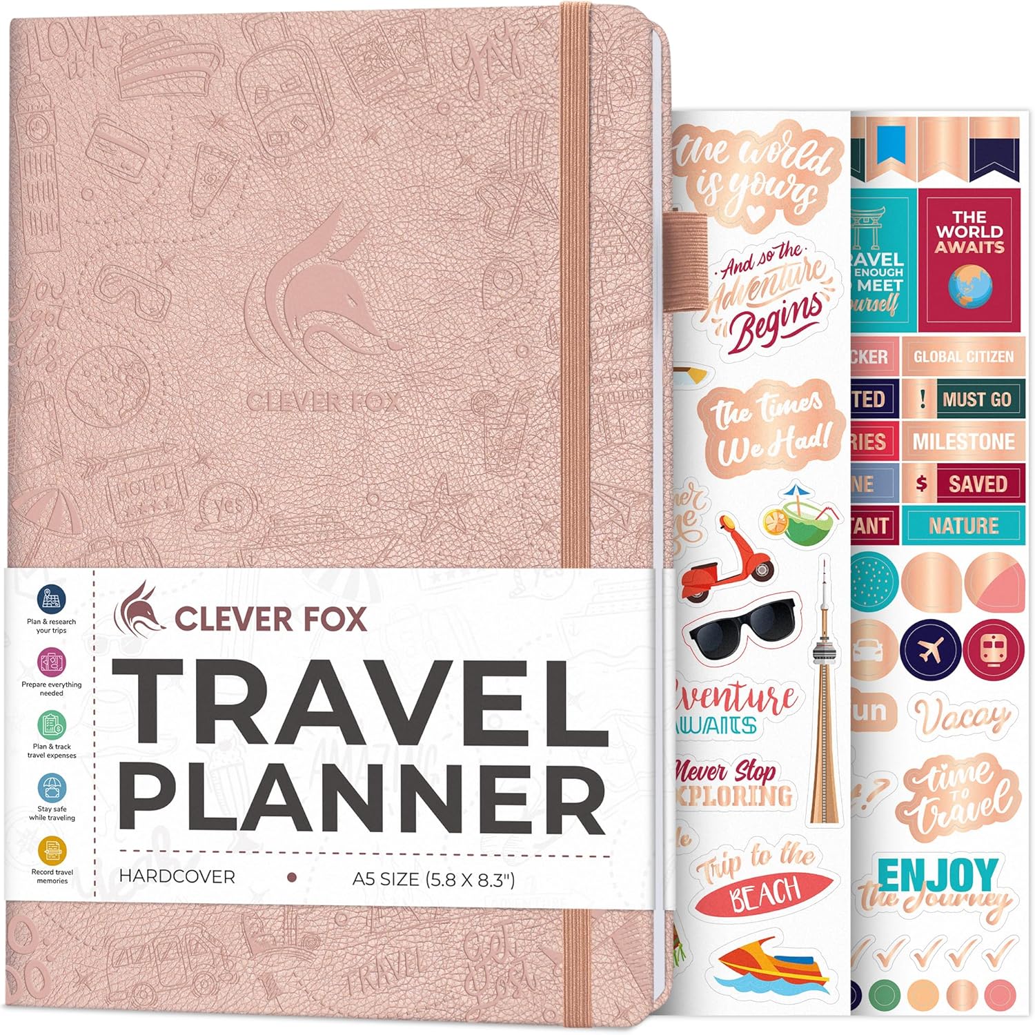 Clever Fox Travel Journal – Vacation & Trip Organizer with Budget Plan, Packing List, Travelling Expense Tracker, A5 (Rose Gold) Rose Gold A5 (5.8" x 8.3") - Image 1 of 6