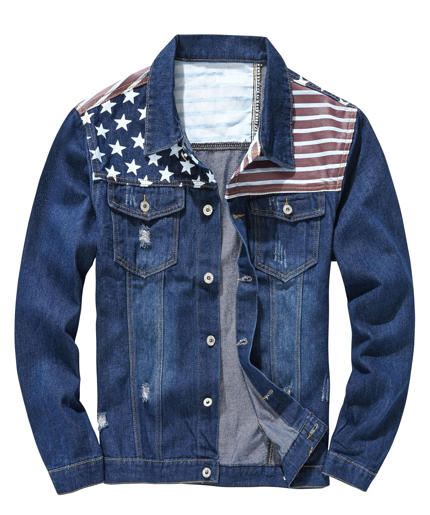 Idopy Herren-Jeansjacke mit amerikanischer USA-Flagge, Distressed Ripped Jeansmantel, Oberbekleidung