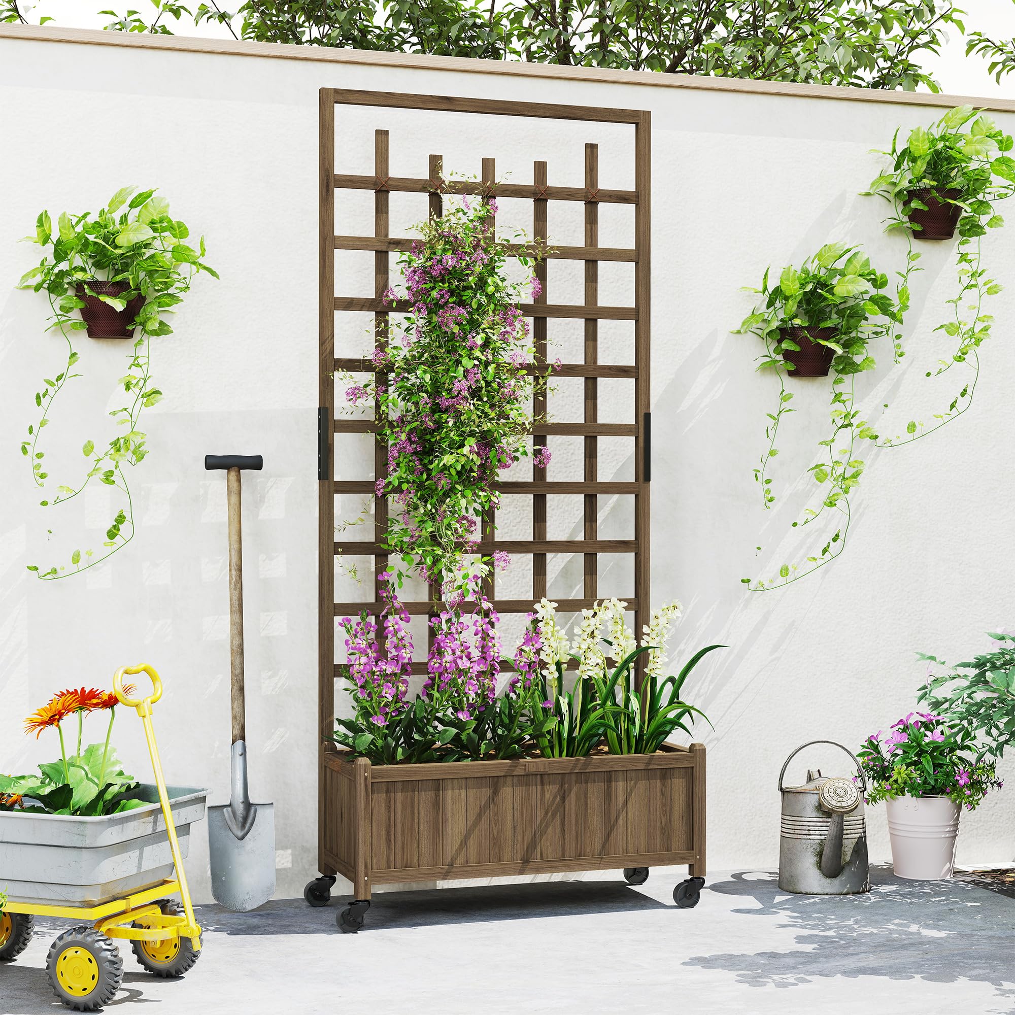 Outsunny Maceta de enrejado de madera, camas elevadas para jardín con ruedas y forro de cama, maceta con pantalla de privacidad para cultivar verduras, hierbas y flores para jardín, patio, terraza,