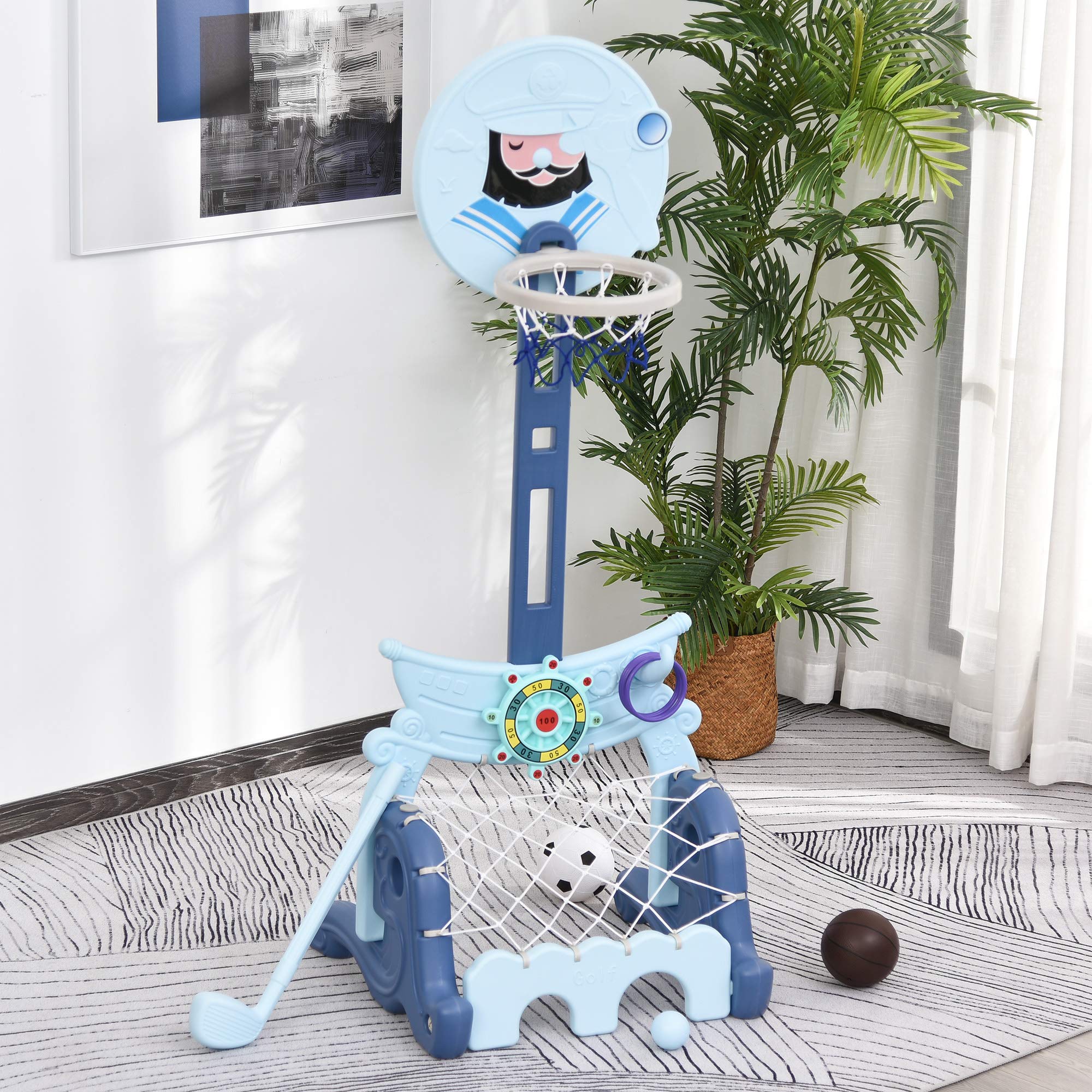HOMCOM Canasta de Baloncesto con Soporte 4 en 1 Juego de Golf Balón de Fútbol con Altura Ajustable Centro de Actividades para Niños de +3 Años 58x56x154 cm Azul