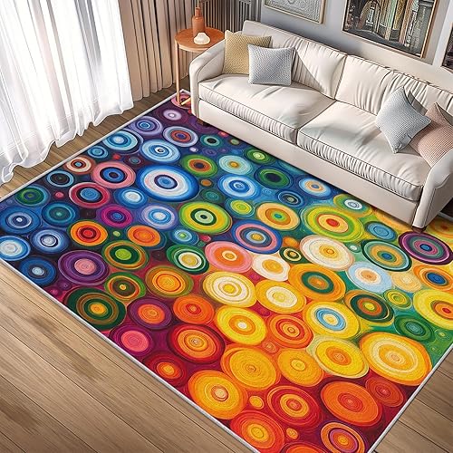 Miniatura 9 de Alfombras retro para sala de estar, de 7 x 7 pies, diseño de patrón de remolinos ondulados, rayas abstractas, de los años 70, alfombra de área retro