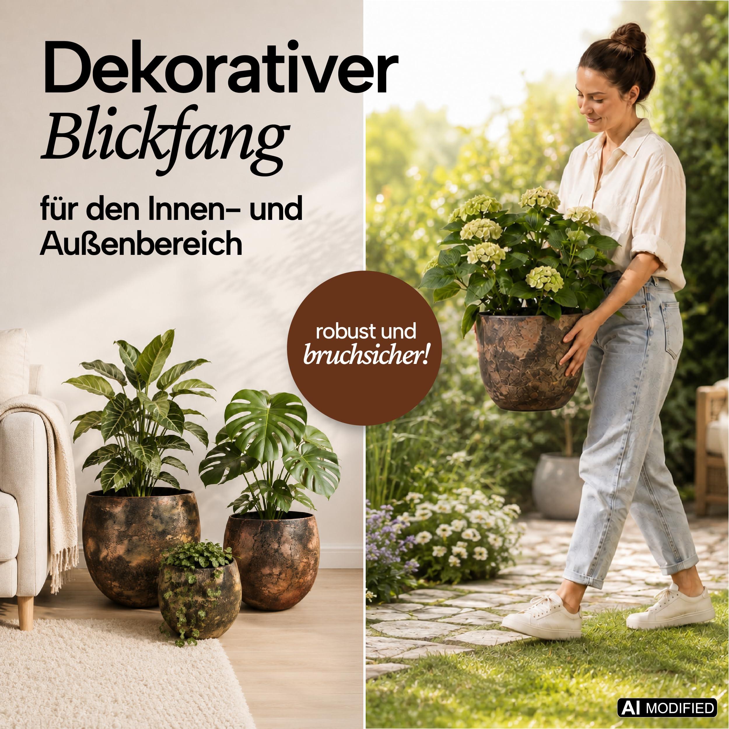 NATIV Pflanztöpfe Metall, 3er-Set, Kupfer-Bronze, strukturierte Optik