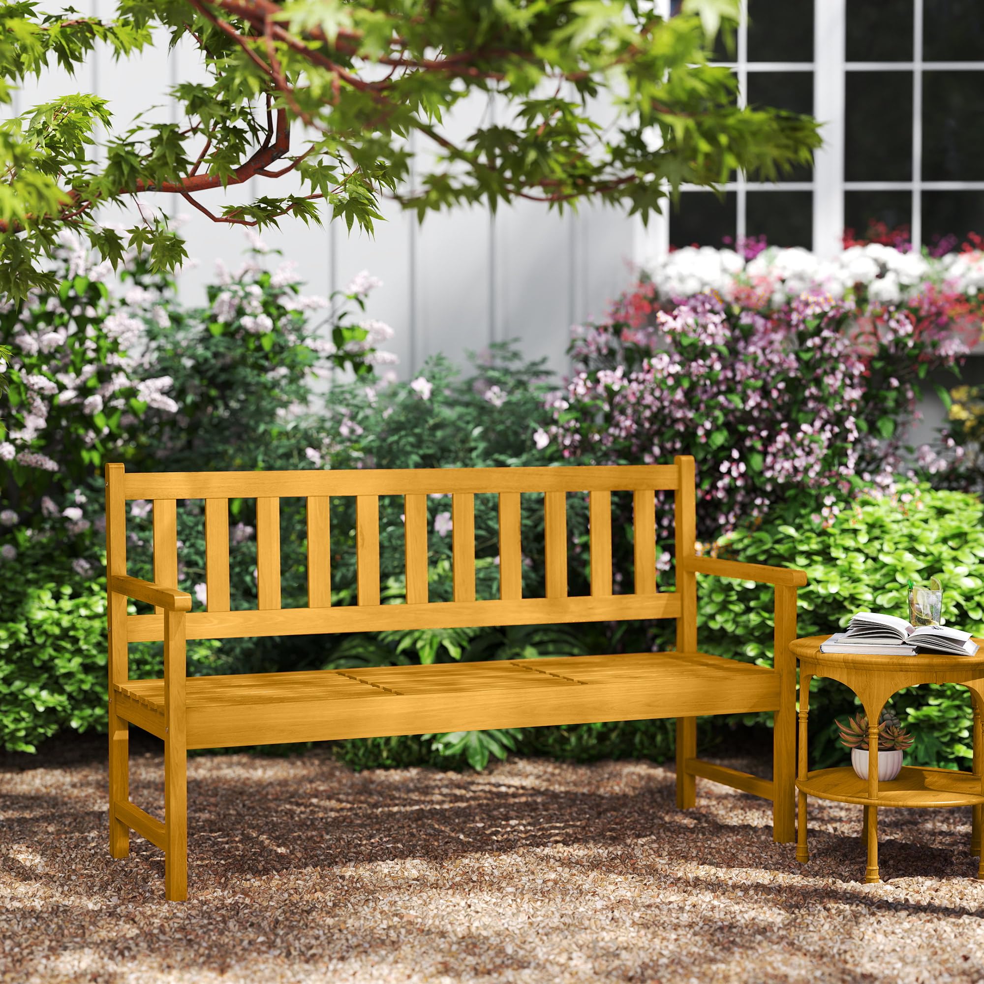 Outsunny 2-Sitzer Gartenbank Akazienholz FSC®, wetterfest Sitzbank, Gartenmöbel mit Rücken- & Armlehnen, Klappbarer Tisch Parkbank 320kg belast, Holzbank für Balkon, Garten, 149x56,5x89cm, Teak