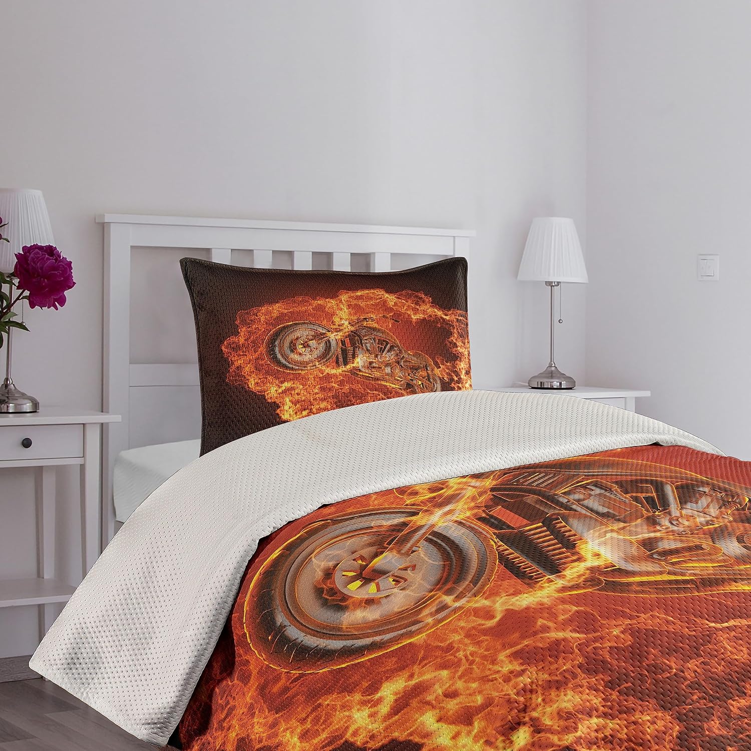 Ambesonne Manly Coverlet, Chopper Bike Bursting Through Fire Motorbike Motorcycle Dangerous Sport Art, 2 Piece Decorative Quilted Bedspread Set with 1 Pillow Sham, Twin Size, Dark Orange Marigold