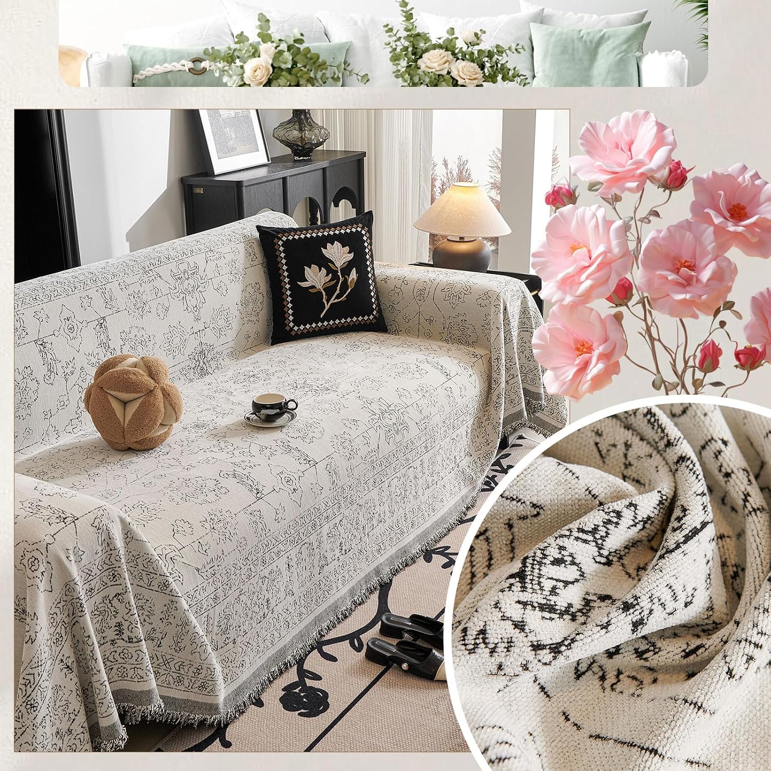 ROOMLIFE Couch Cover Boho Sofa Covers for 3 Cushion Couch Washable, Furniture Protector Sofa Couch Cover for Dogs, Soft Breathable Sofa Slipcover, Couch Throw Blankets with Tassels 71''X118''