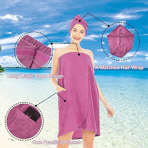 Miniatura 9 de Toalla rosa de talla grande para mujer después de la ducha 2X3X, toalla de microfibra absorbente con velcro para spa, baño, playa con envoltura para