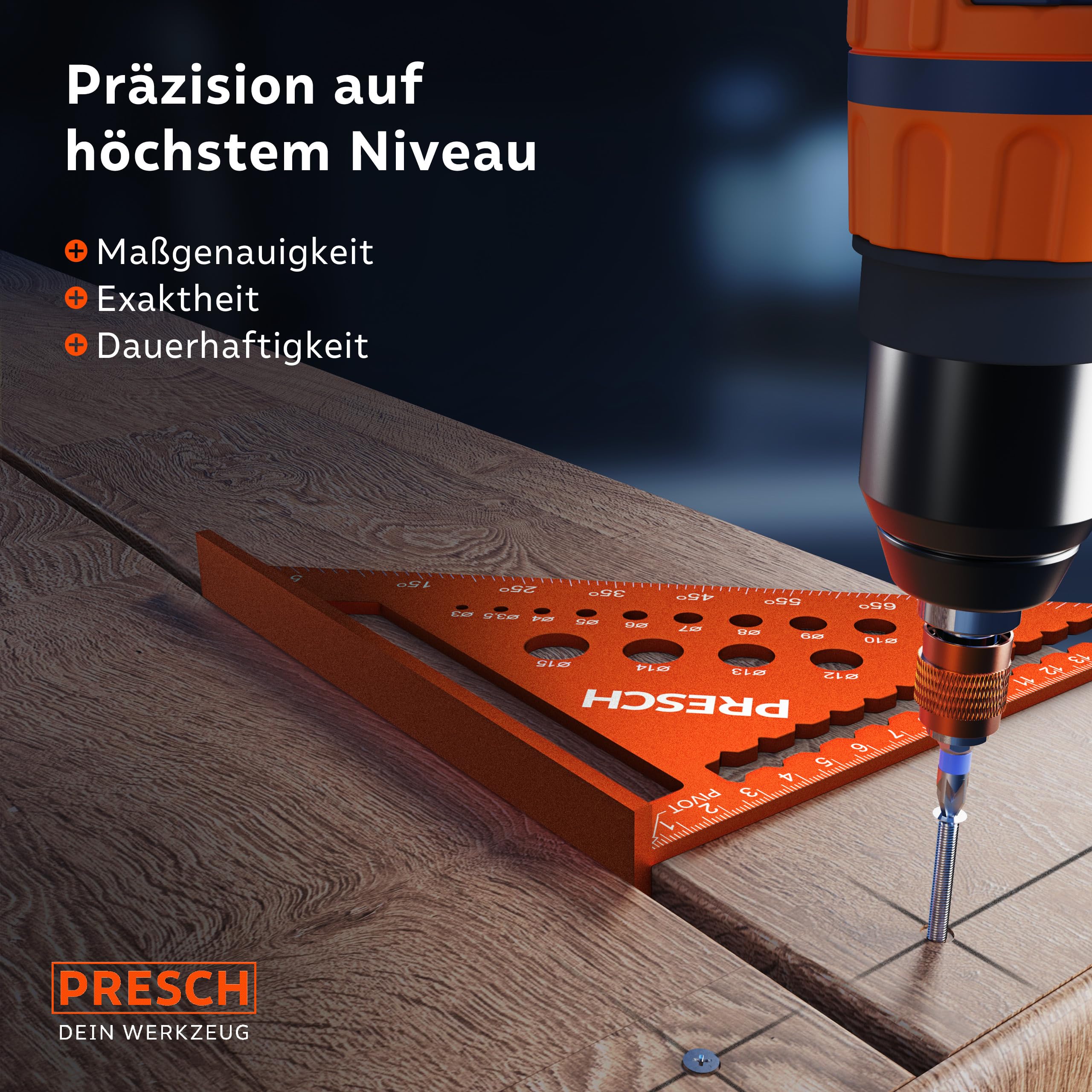 Presch Zimmermannswinkel Set - 180mm & 300mm - Innovative, abwischbare Notizfläche - Intelligente Bohrlehre für exakte Durchmesser - Hochpräzise gefrästes Aluminium für exakte 90° Winkel