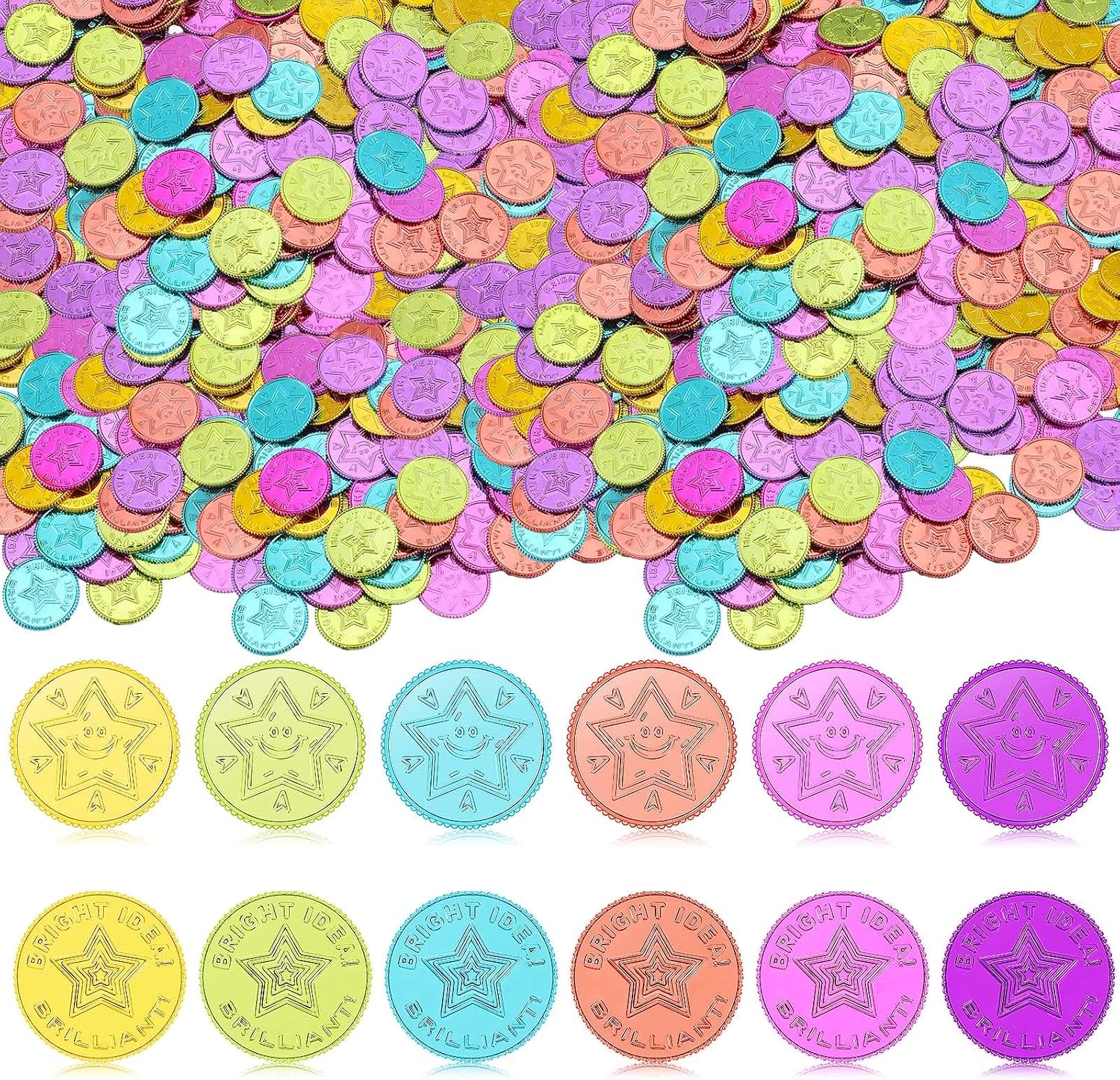 Tondiamo 240 Pcs Colorful Star Coins Bulk Bright Idea! Coins Plastic Coins Reward Tokens Double Sided Coins Incentive Behavior Encouragement Coins for Teacher School Classroom Family