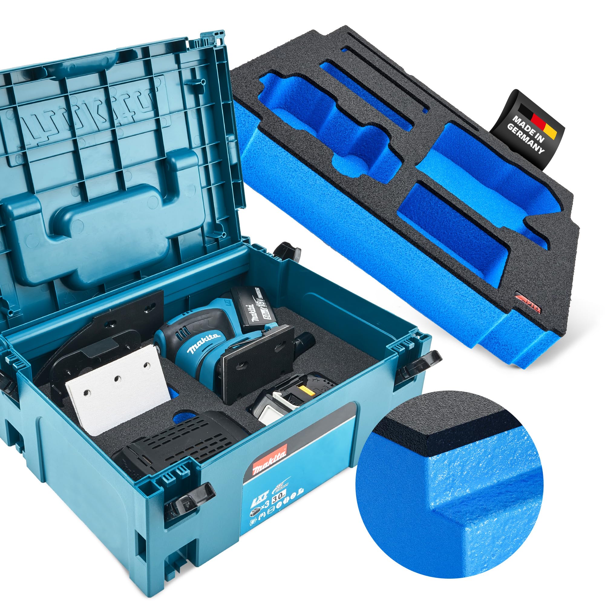 APTEX Schaumeinlage für Makita DBO 480–482 Akku-Schwingschleifer – Polstereinlage & Schaumstoffpolsterung für MakPac Gr. 2‑3 und Makita Zubehör