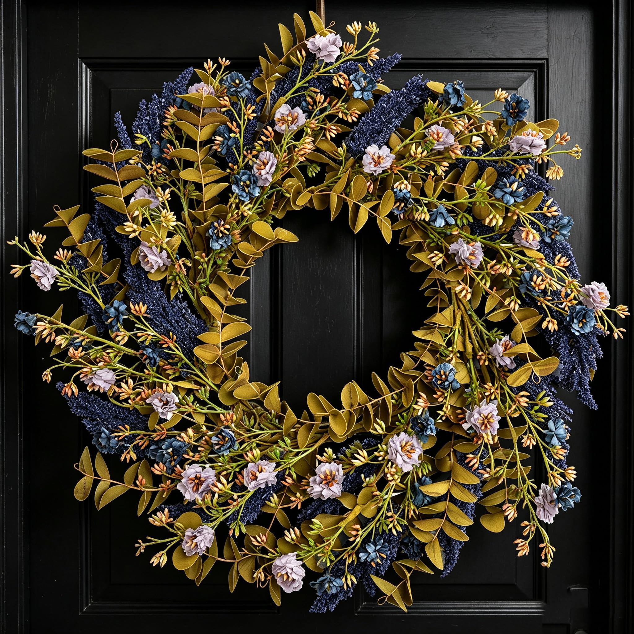 Couronne d'automne de 55,9 cm pour porte d'entrée avec buis et | Couronne de fleurs d'automne avec feuilles de buis douces au toucher pour intérieur et extérieur, couronne de fleurs sauvages