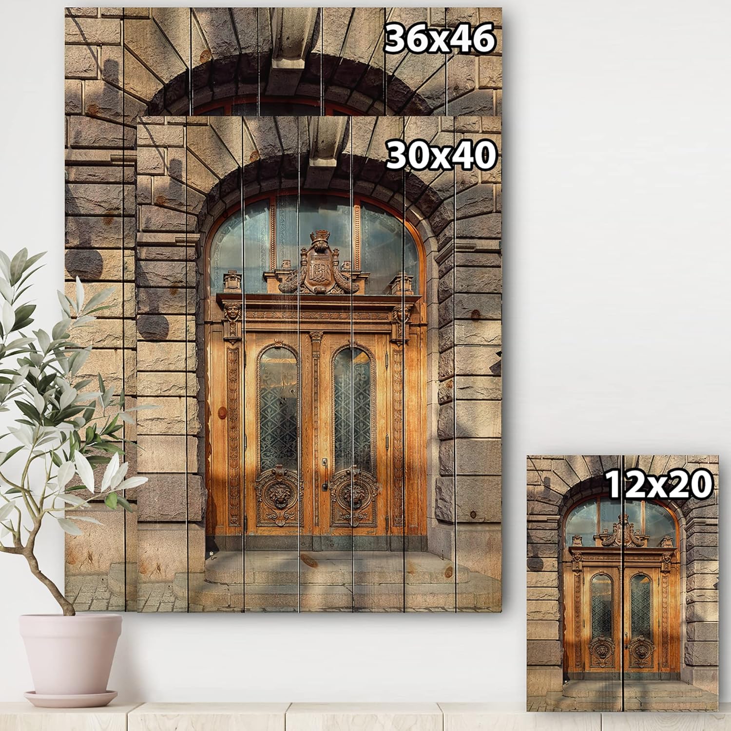 'Antique Door with Lion Shaped Knockers in Helsinki, Finland' Vintage Print on Natural Pine Wood - 15x20
