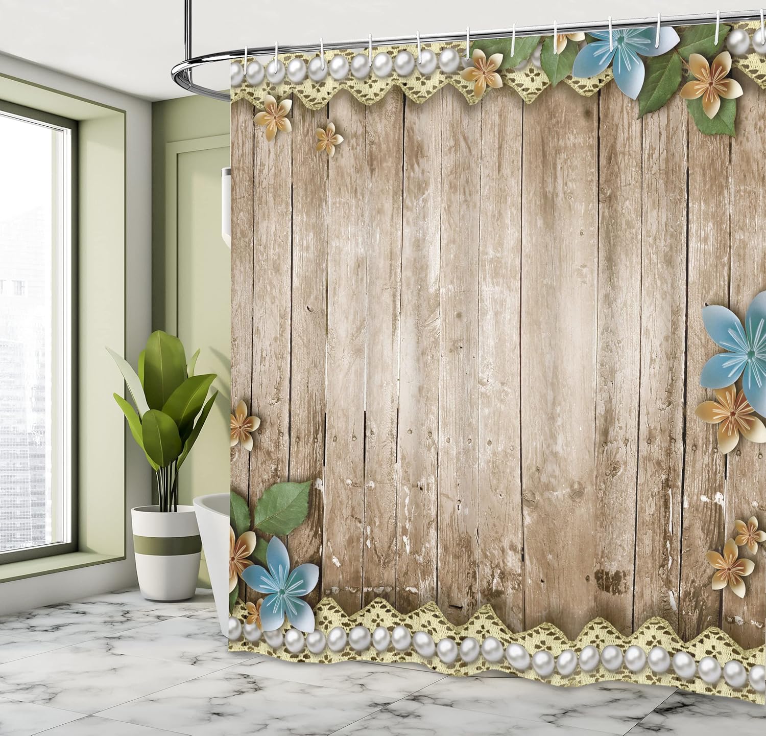 Ambesonne Pearls Shower Curtain, Rustic Wooden Planks Backdrop Flowers Pearls Lace Old Vintage Style Image Print, Cloth Fabric Bathroom Decor Set with Hooks, 69" W x 84" L, Beige Blue