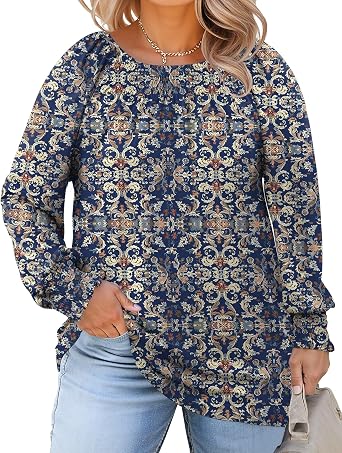 Micoson Womens Plus Size Tops Long Sleeve Shirts Crewneck Pleated Blouses Dressy Casual Fashion Tunic Top 1X-5X