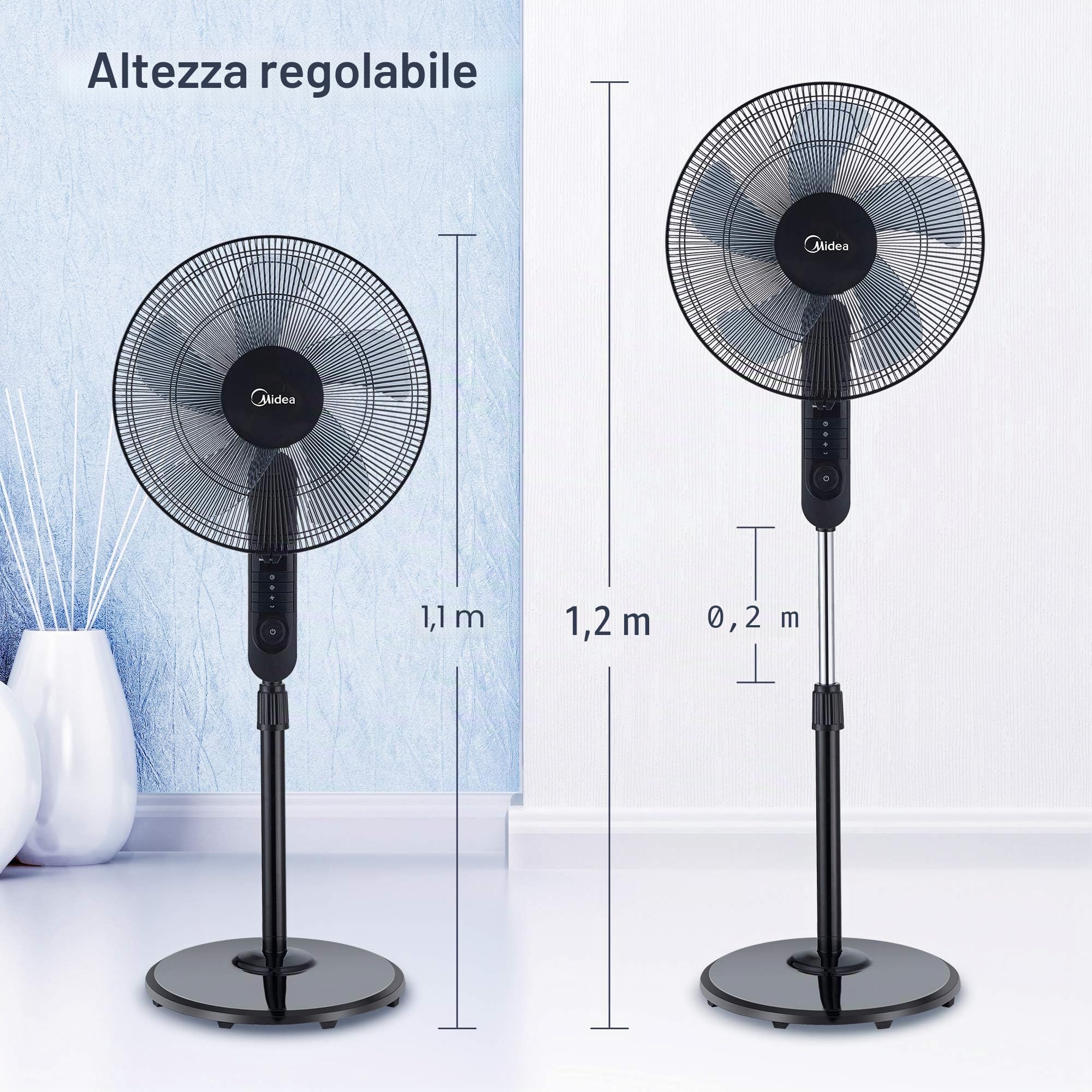 Midea FS40-15FR Ventilatore silenzioso con telecomando, 3 livelli di velocità, display LED, timer 7,5H, regolabile in altezza, funzione di oscillazione a 80°, 55 W, più potente, ventilatore