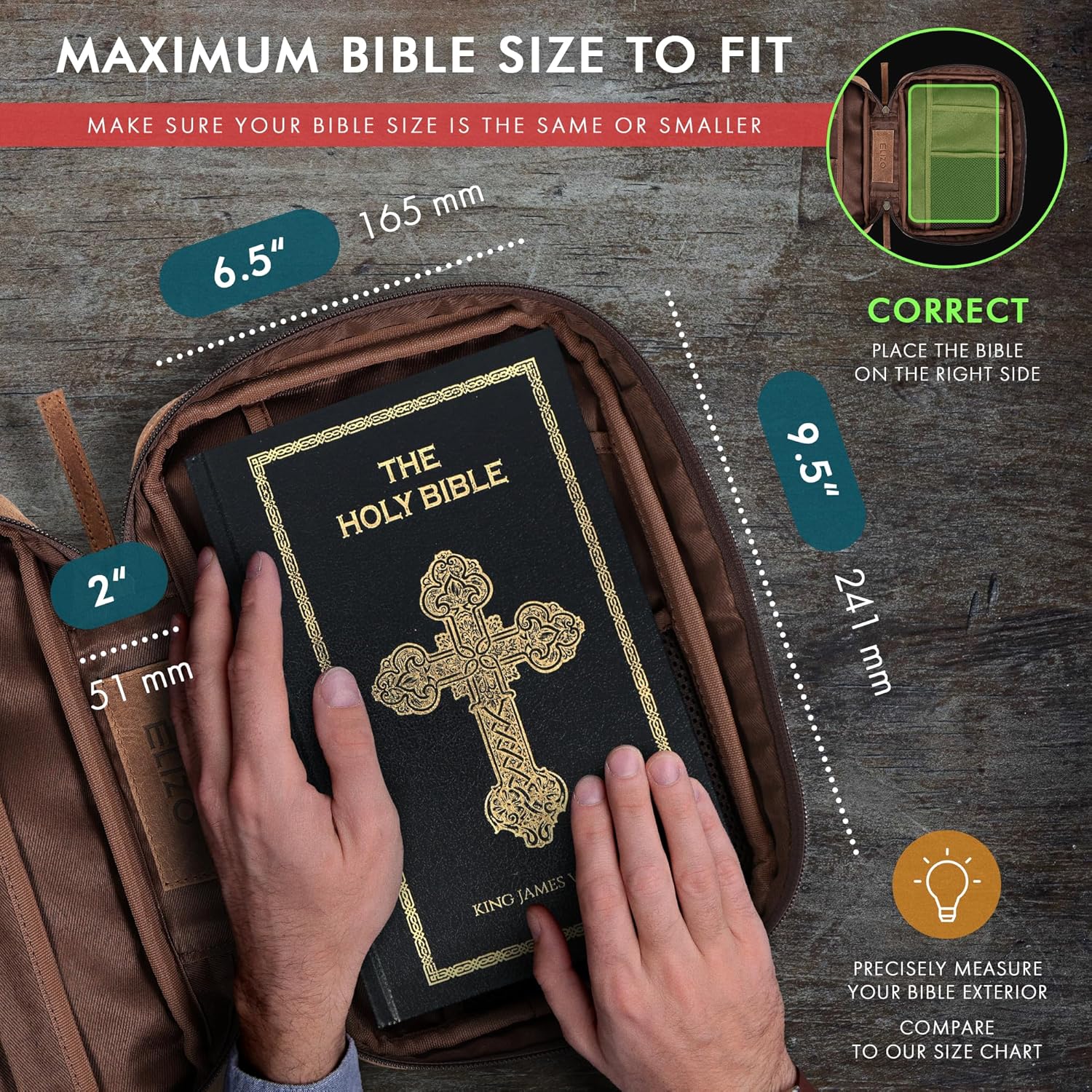 ELIZO Leather Bible Cover for Men Bible Case for Women Zippered Holder Protector Cross Church Tote Bag Carrying Organizer Sleeve Gift Standard Saddle