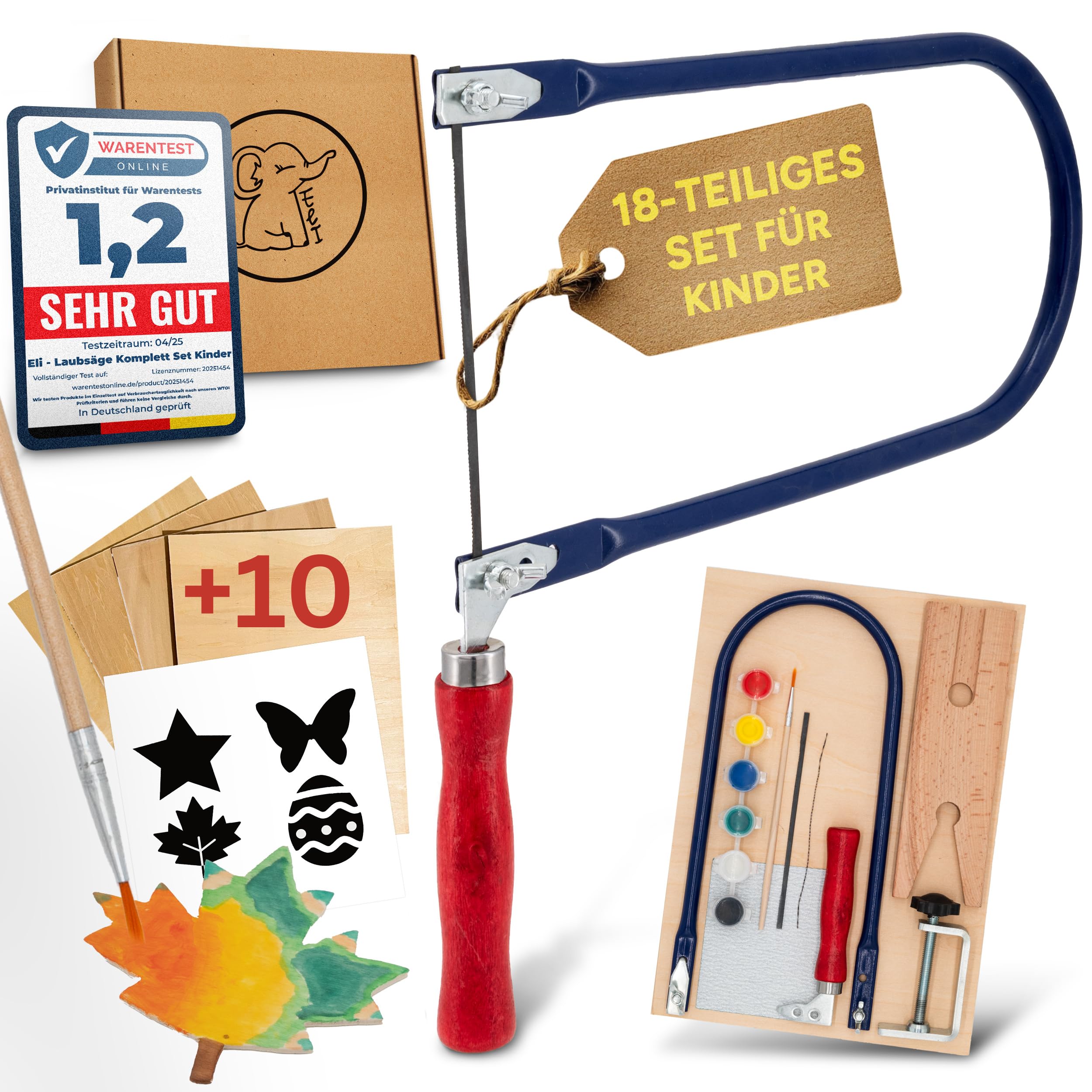 Eli® Laubsäge für Kinder - Komplett Set für Laubsägen inkl kreative Vorlagen - Laubsägeplatten - Farben - Pinsel - Schleifpapier - Holz - Geschenkidee Junge und Mädchen (Laubsäge + 14xLaubsägeplatten)