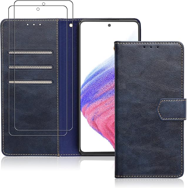 VAKS for Samsung Galaxy A53 5G Wallet Card Case with 2 Screen Protector + Guide frame,PU Leather Flip Cover RFID Blocking Card Slot Kickstand Shockproof TPU Inner case,Blue