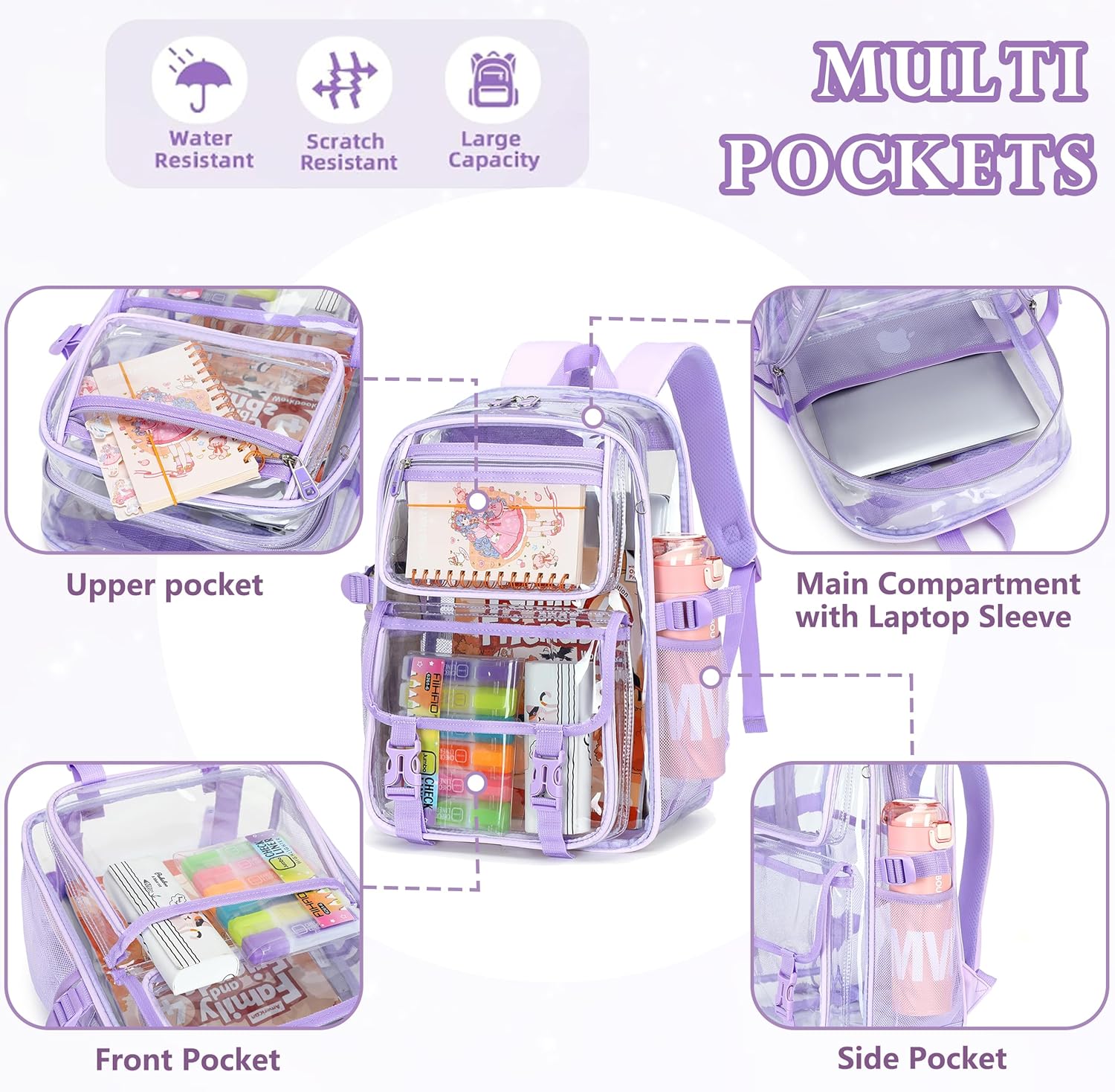 Large Clear Backpack For Women Men Girls 16 inch Laptop School Bookbag Heavy Duty PVC Transparent Backpacks for College Work Travel See Through Back Pack for Sport Events Stadium,Purple