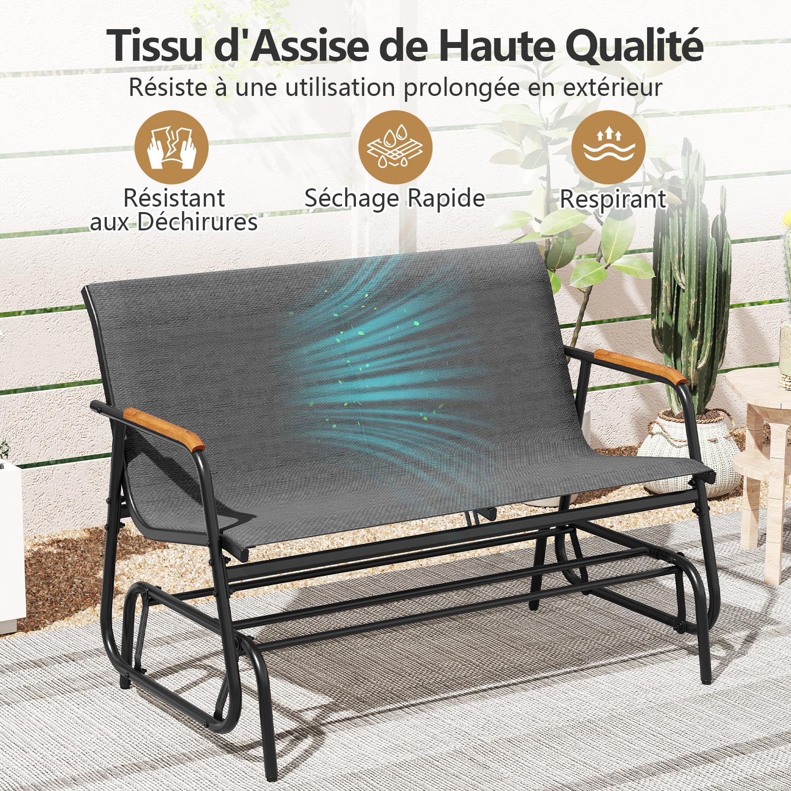 COSTWAY Banc de Jardin à Bascule, Charge 300 kg, 115 × 74 × 84 cm, Gris