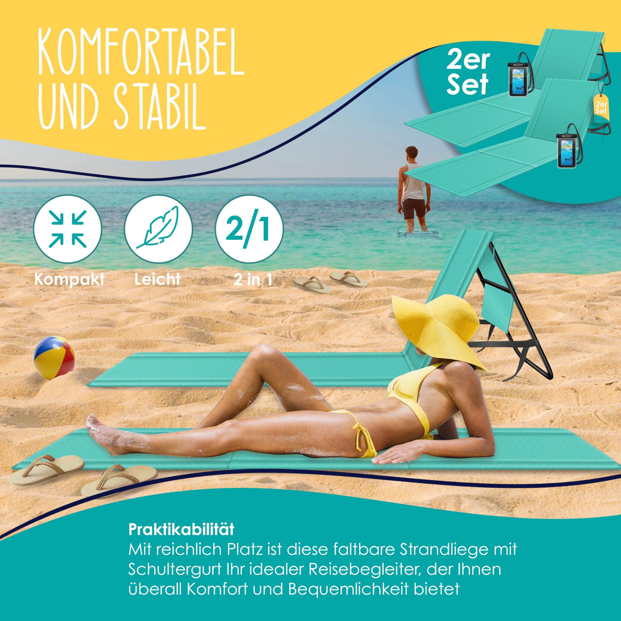 KESSER Juego de 2 esterillas de playa plegables con respaldo ajustable, correa de transporte, bolsa impermeable y almacenamiento, tumbona plegable para playa, jardín y terraza, soporta 130 kg cada uno