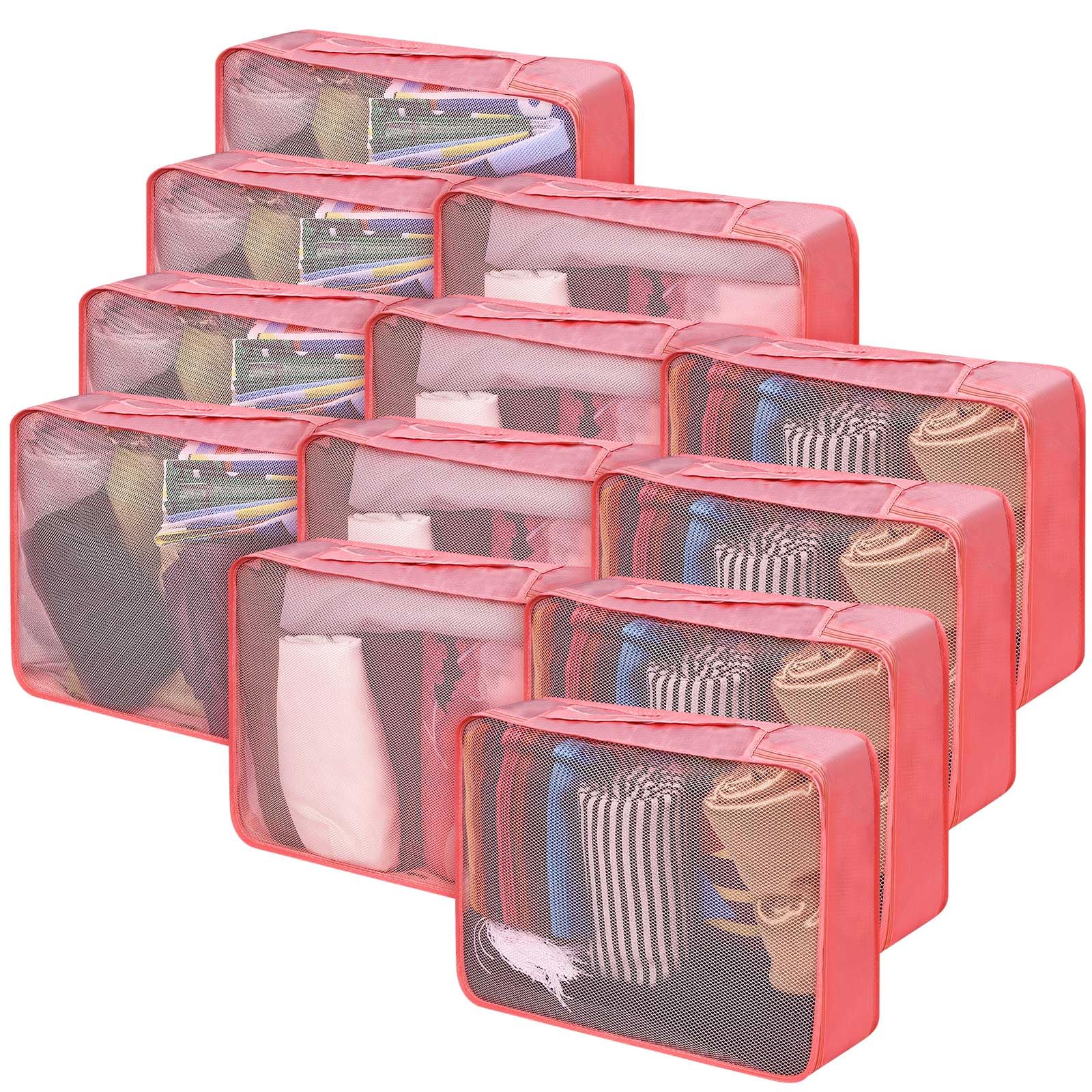Silkfly 12 Pcs Packing Cubes for Suitcase Travel Luggage Bags Bulk Mesh Organizer Set for Hiking Camping Backpacking Clothes Accessories(Watermelon