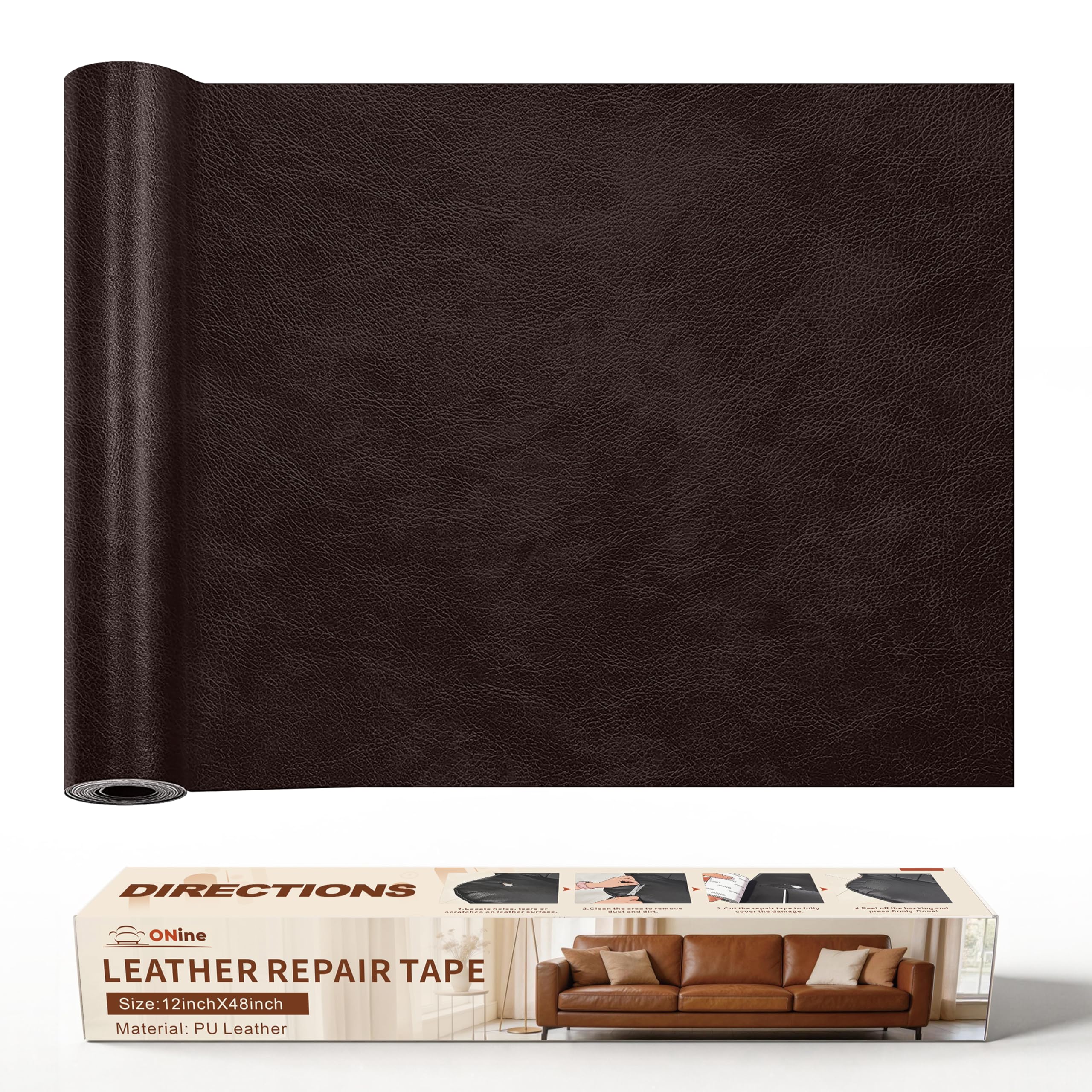 ONine Repair ，Leather Repair Tape, 12 x 48 inches Leather Repair for Furniture,Vinyl Repair Kit， Couch Patch，for Sofas, Furniture, Car Seats(Dark Brown)