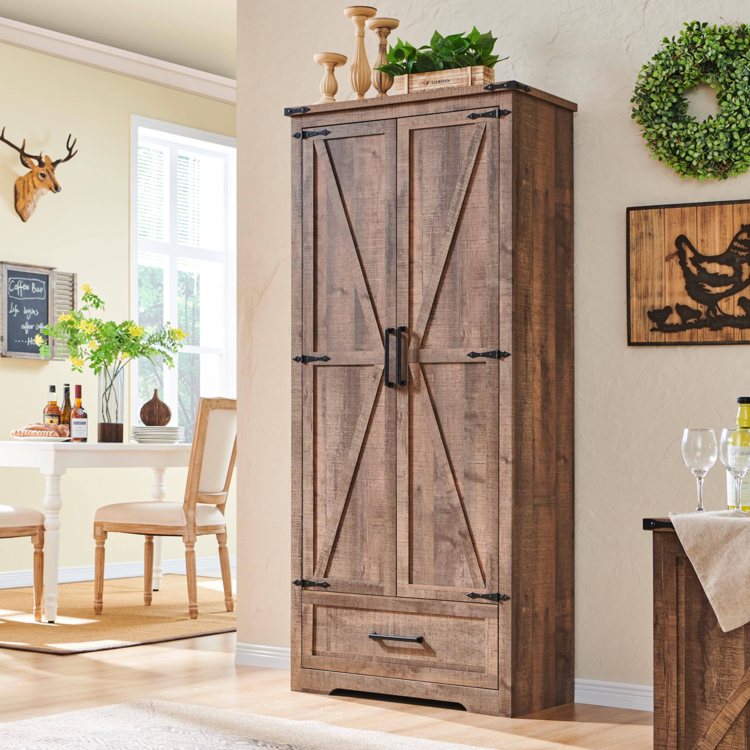 ACCOHOHO72" Tall Farmhouse Kitchen Pantry with Adjustable Shelves, Wood Rustic Storage Cabinet with Drawer & Barn Doors, Versatile Storage for Dining Room, Living Room, Bathroom, Light Brown