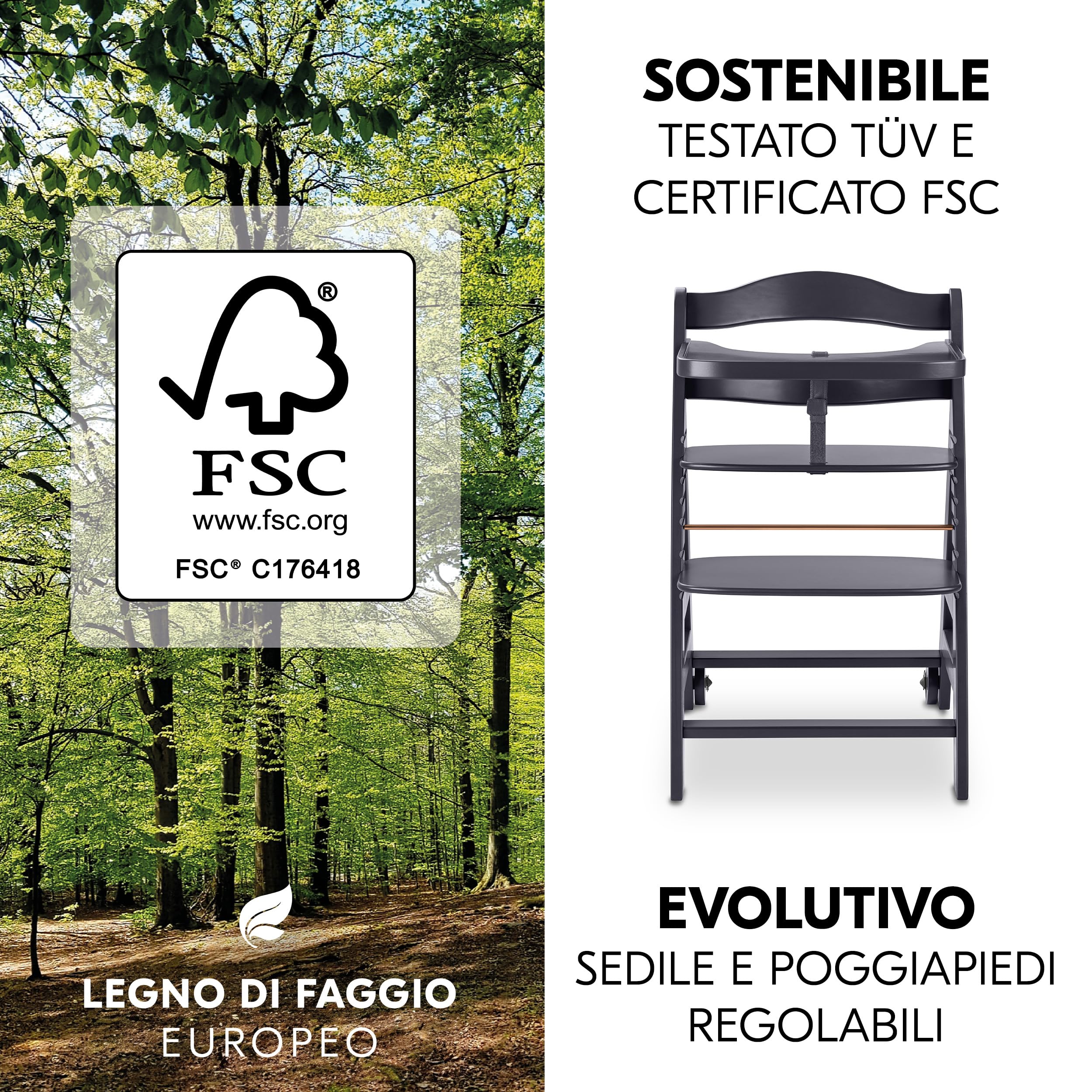 hauck Seggiolone Beta+ Newborn Set Eco Bouncer - Sediolone Pappa Bimbi in Legno Da 0 Mesi con Sdraietta Neonati Dondolo, Cuscino e Vassoio - (Grigio scuro)