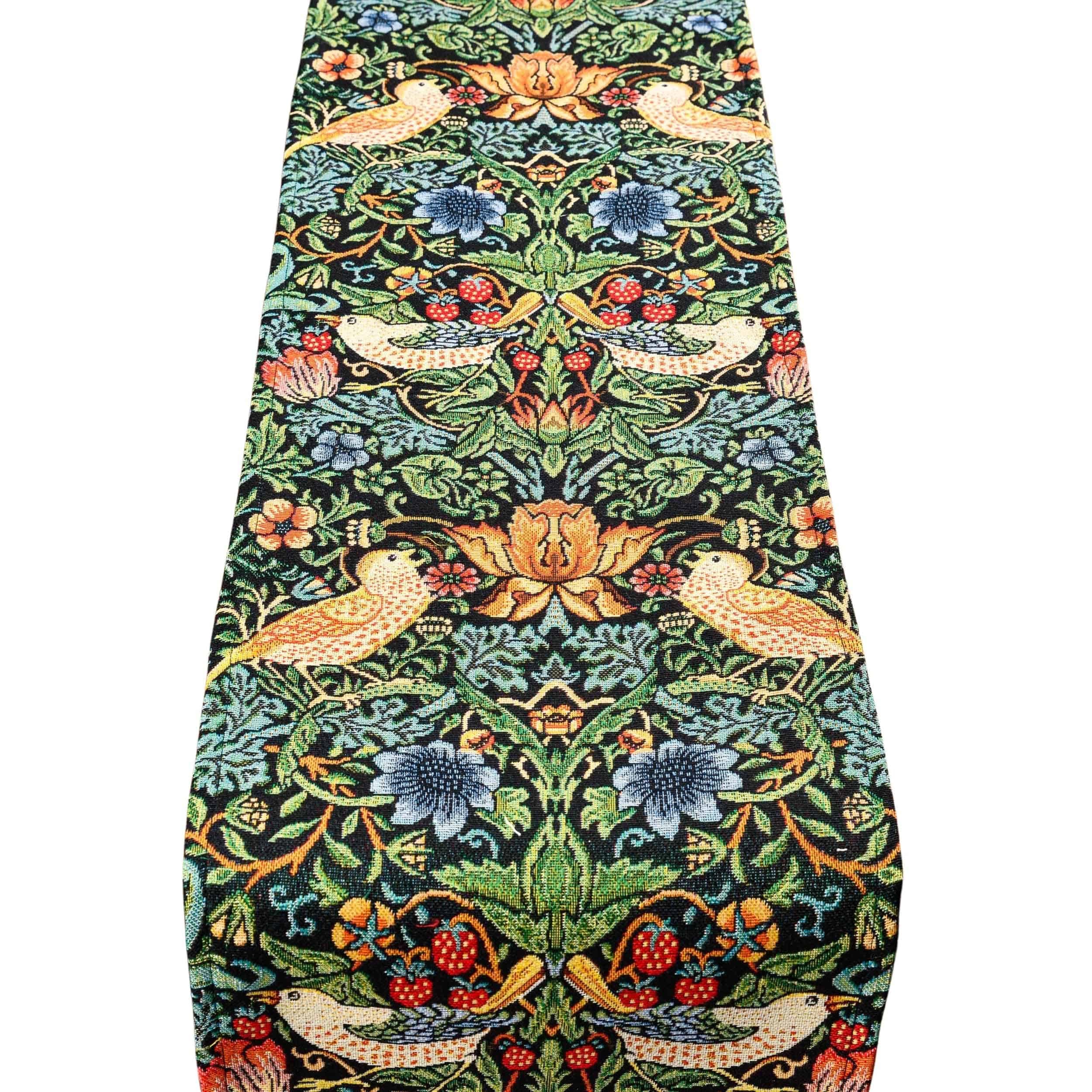 Linen Loft Black William Morris Strawberry Thief Tapestry Table Runner In Classic Arts And Crafts Botanical Style. Available In Two Sizes (30Cm X 230Cm)