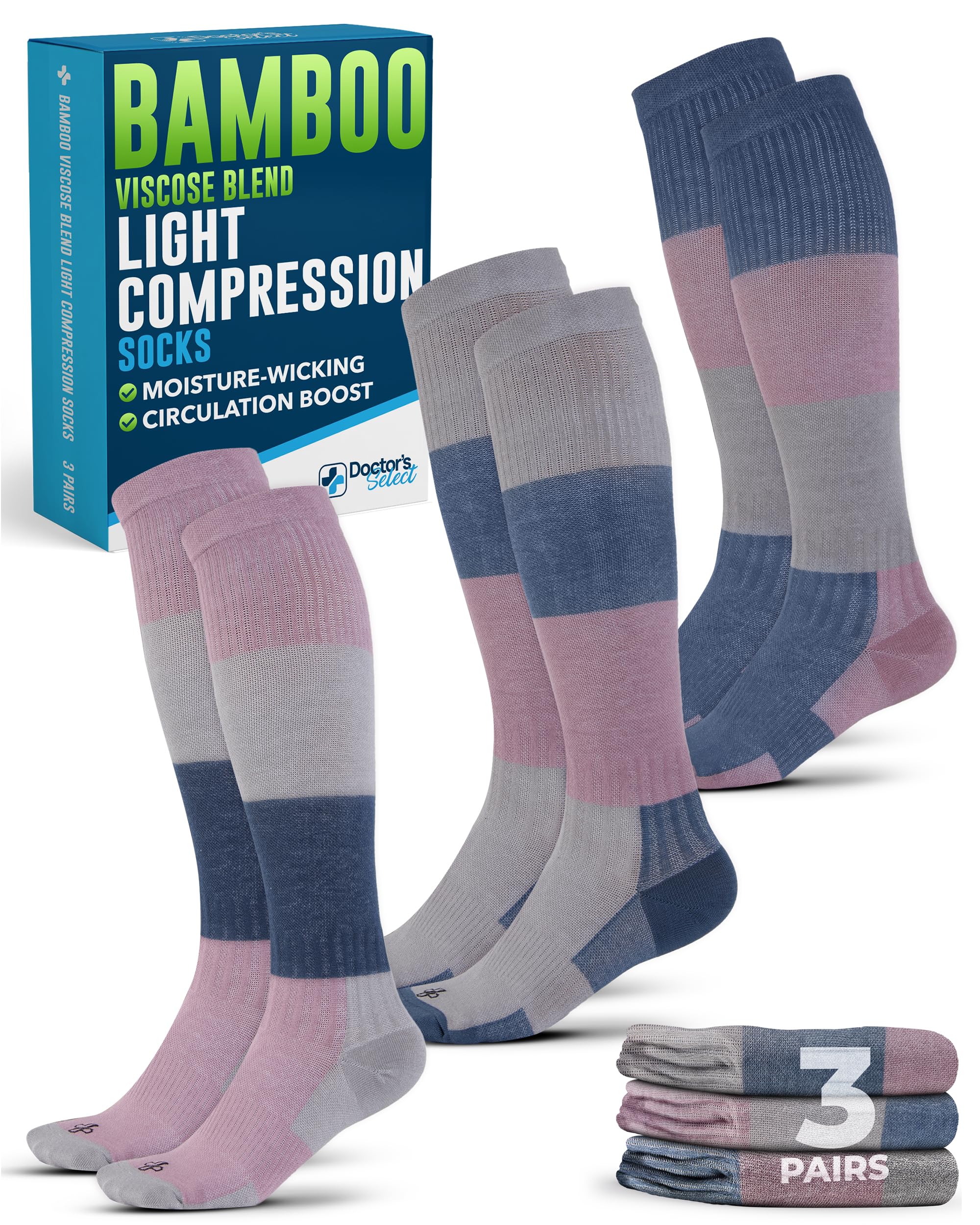 Pembrook Doctor's Select Light Compression Socks for Women & Men - 3 Pairs, Knee High Comfort and Support, 8-15 mmHg Womens Compression Socks, Color Blocks/Bloc/3-image-22