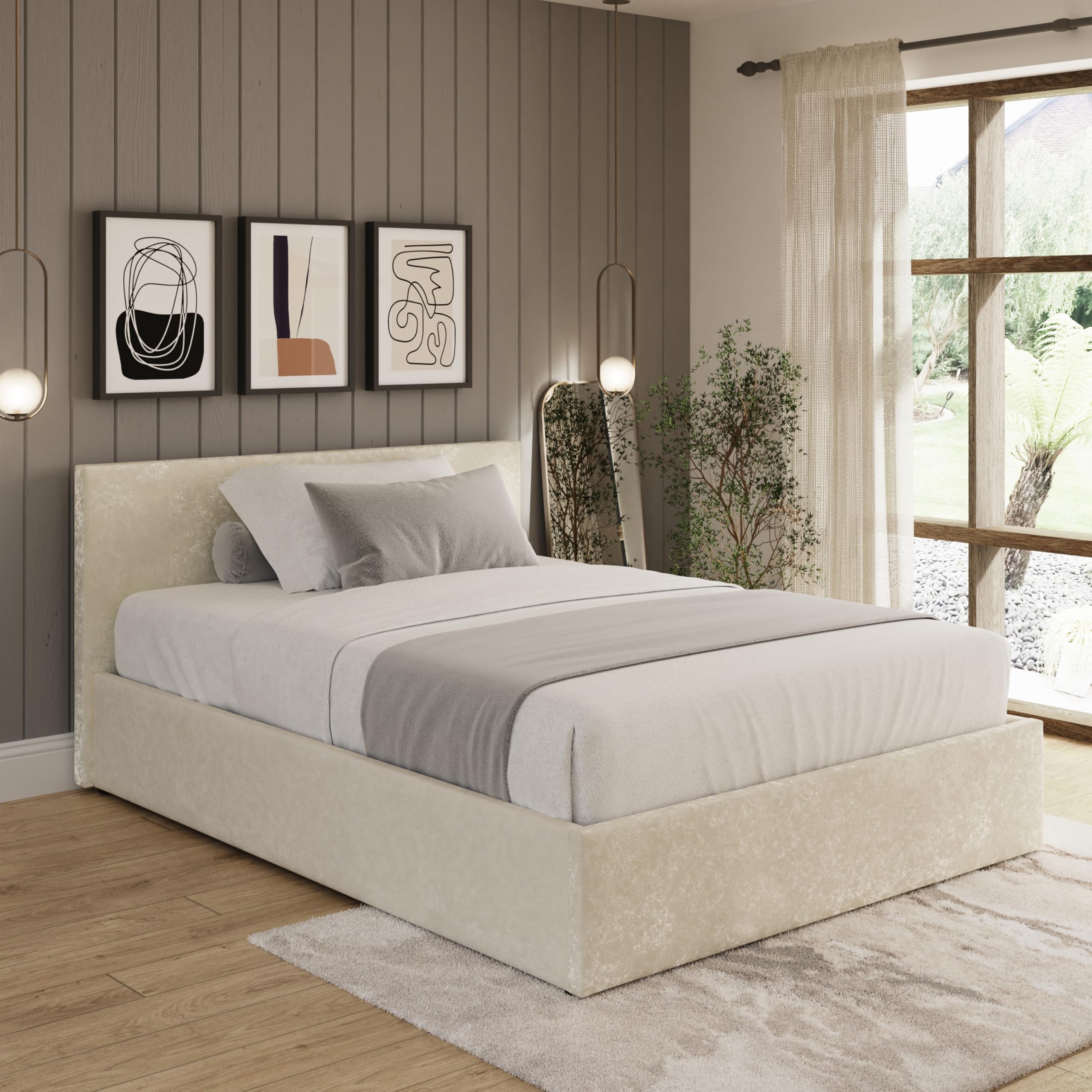 GFW Upholstered Crushed Velvet Ottoman End Lift Bedroom King 5ft 150cm Cream