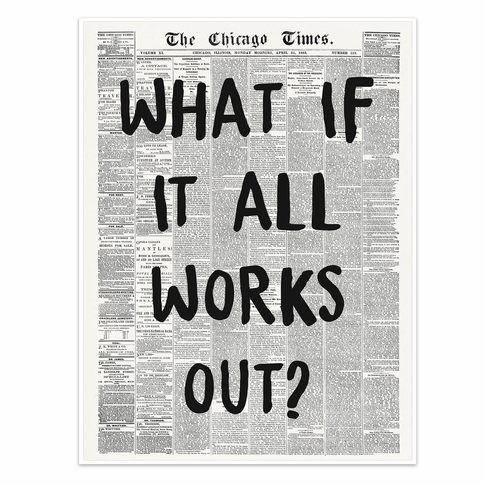 Trendy Black and White Chicago Newspaper Canvas Posters, Affirmation Quote What If It All Works Out Room Aesthetic Wall Art Picture Print for Drom