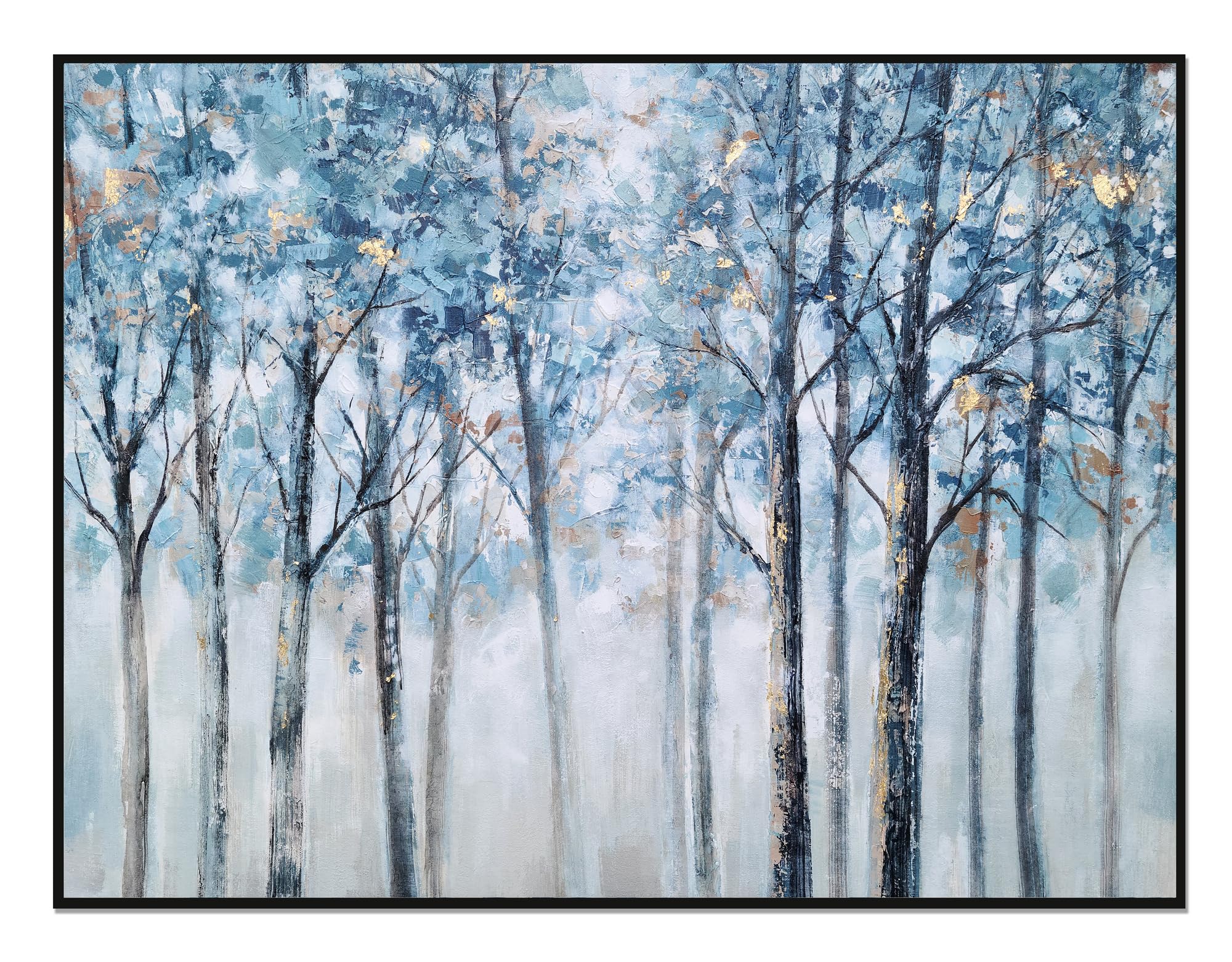 Yihui Arts Abstract Forest Wall Art Hand Painted Textured Blue Trees Canvas Painting with Gold Foil Modern Framed Artwork for Living Room Decor