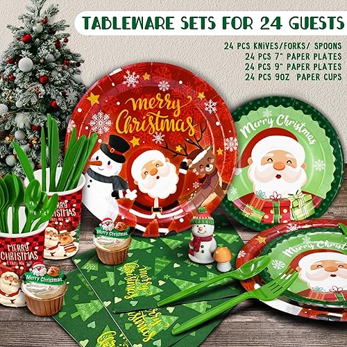 Miniatura 7 de Party Spot! Juego de 246 piezas de decoración de fiesta de Navidad, juegos de vajilla para 24 invitados, globos de papel de Navidad de Papá Noel,