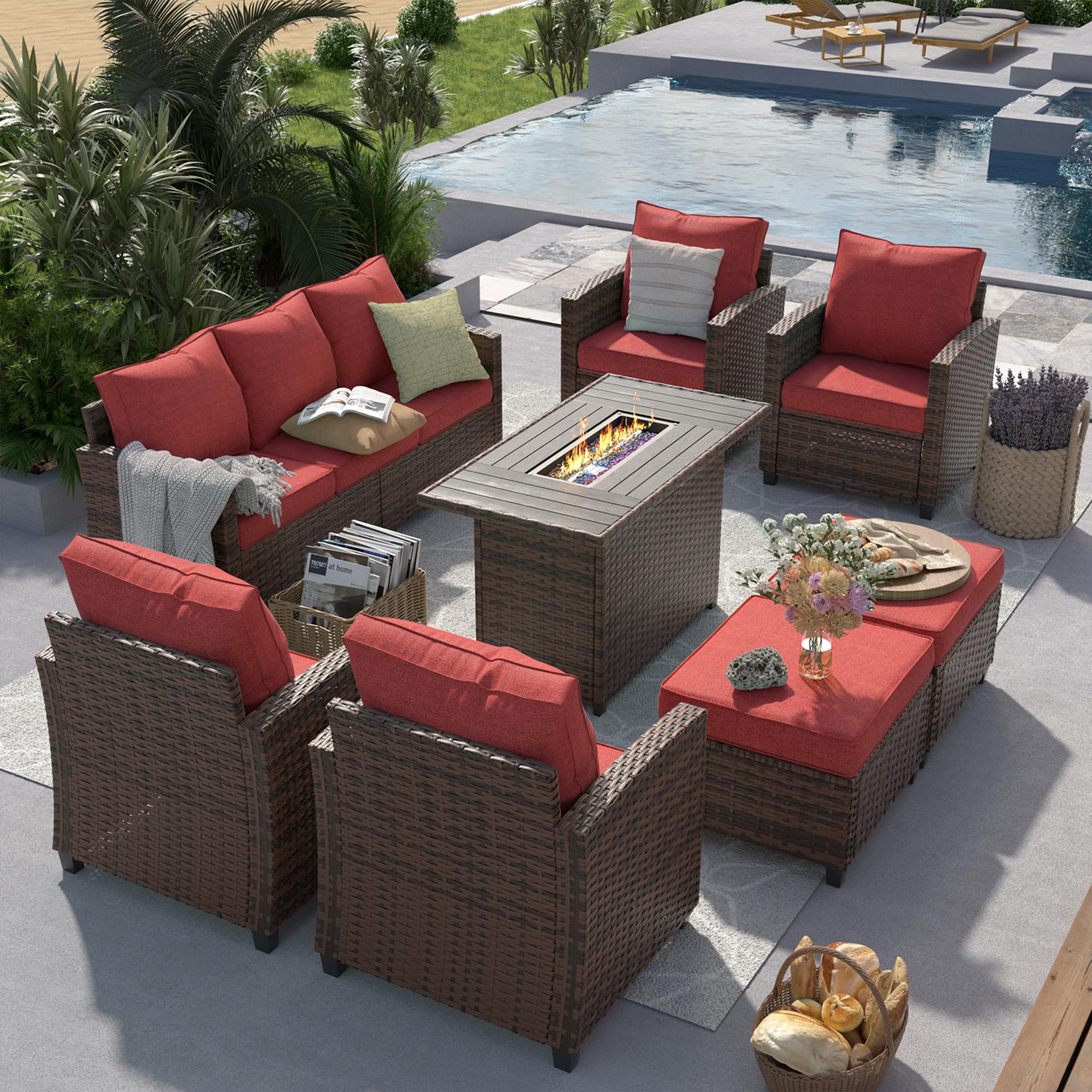 UDPATIO Patio Furniture Set with 44" Fire Pit Table, 8 Pieces Outdoor Sectional Conversation Sets, All-Weather Wicker Rattan Sofa Ottoman with 4"