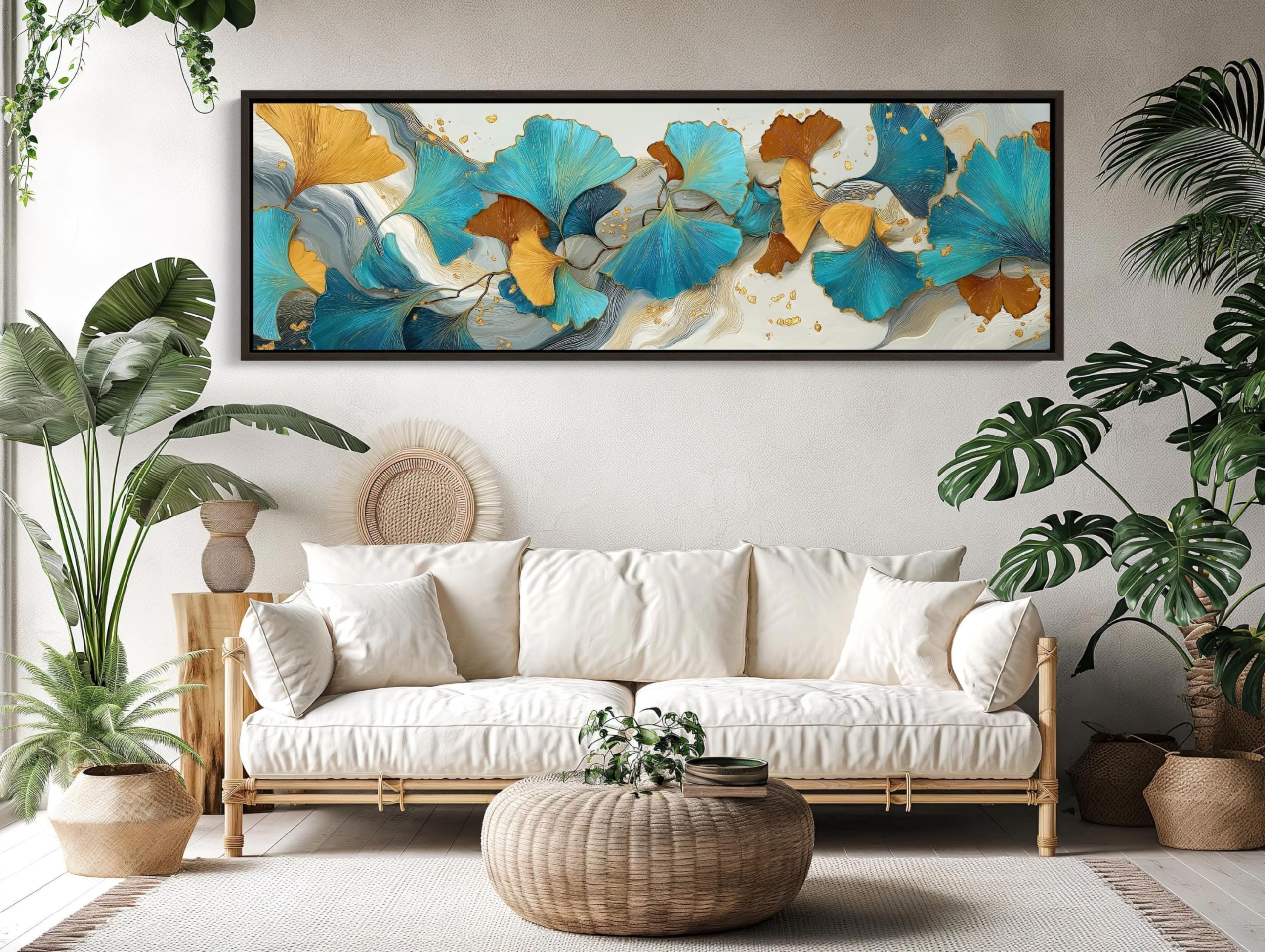 Tongyinli Frameless Ginkgo Leaf Canvas Wall Art: Blue & Gold Painting, Abstract Botanical Print Posters For Living Room, Home Wall Decor(55X165cm/Frameless)