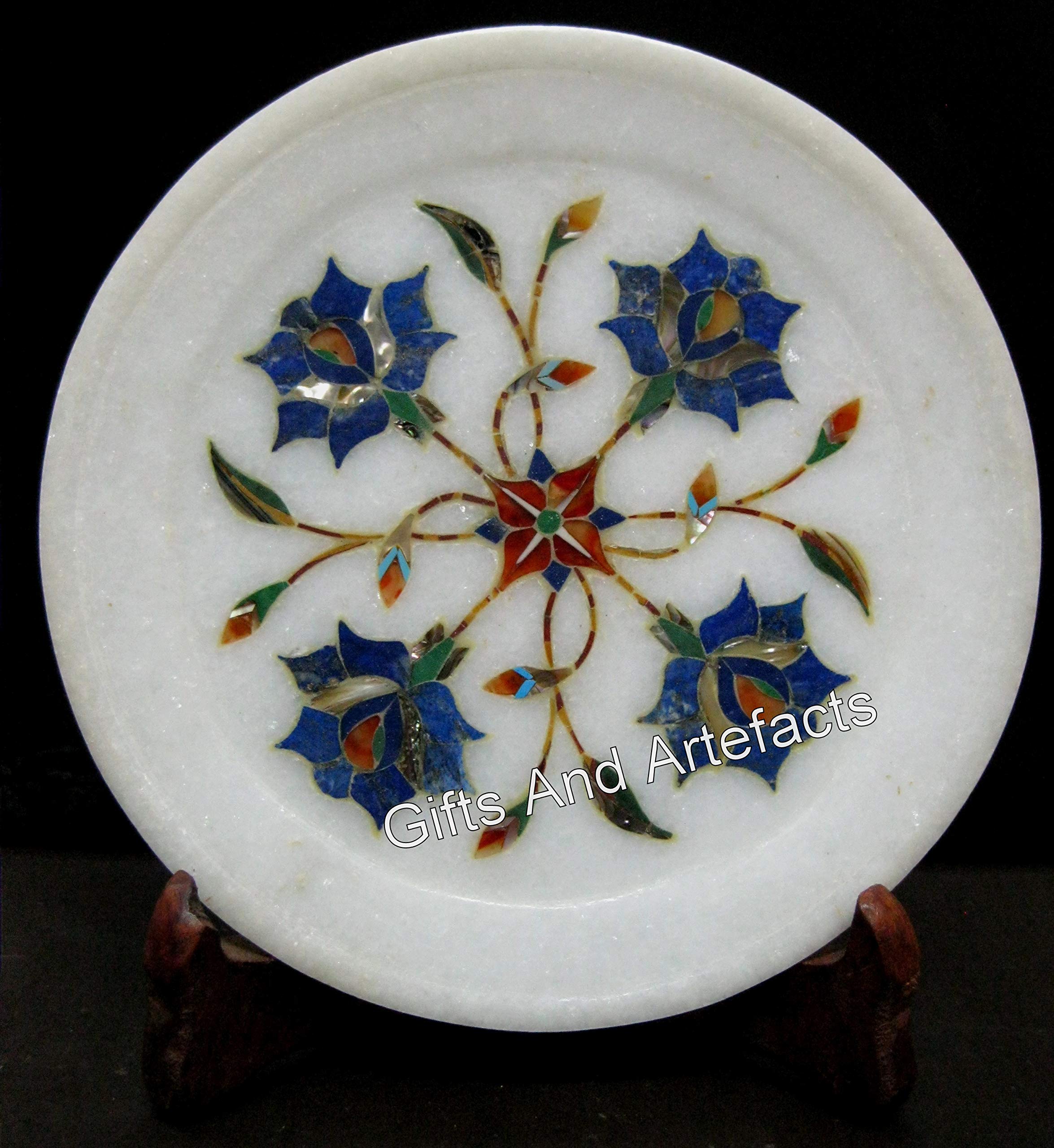 Sammlerplatte mit kreativem Look, glänzende Edelsteineinlage, 15,2 x 15,2 cm, runde Form, weißer Marmor, Pizza-Servierplatte