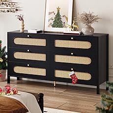 DWVO Natural Rattan 6 Drawer Dresser-Wooden Black Boho Double Dresser Chest of Drawers with Golden Handles-Modern Large Closet Dressers Storage Cabinet for Living Room/Hallway/Entryway