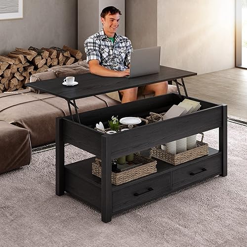 Miniatura 2 de Aufvolr Mesa auxiliar elevable con almacenamiento, mesa de café de 41.7 pulgadas con compartimento oculto, 1 estantes abiertos y 2 cajones para sala