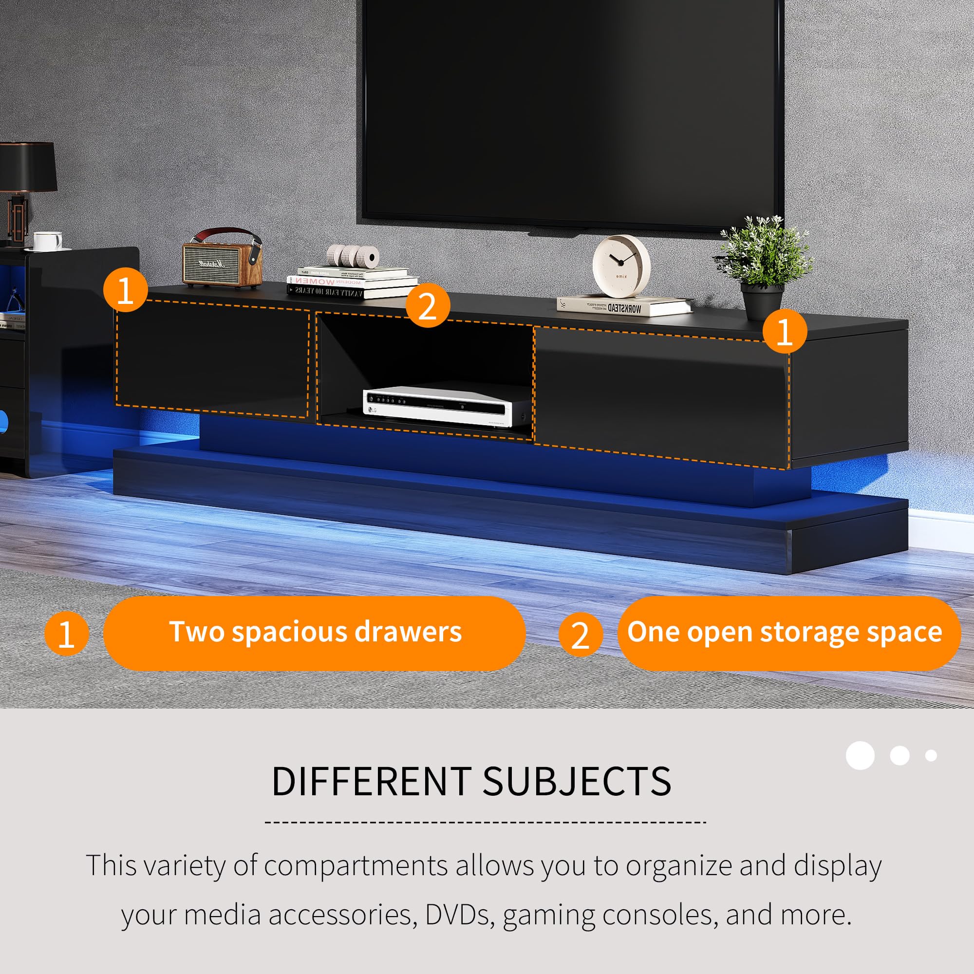OKMYHOME - Mueble de TV con LED y 2 cajones, frontal brillante, panel de partículas, 160 x 35 x 40,5 cm, color negro