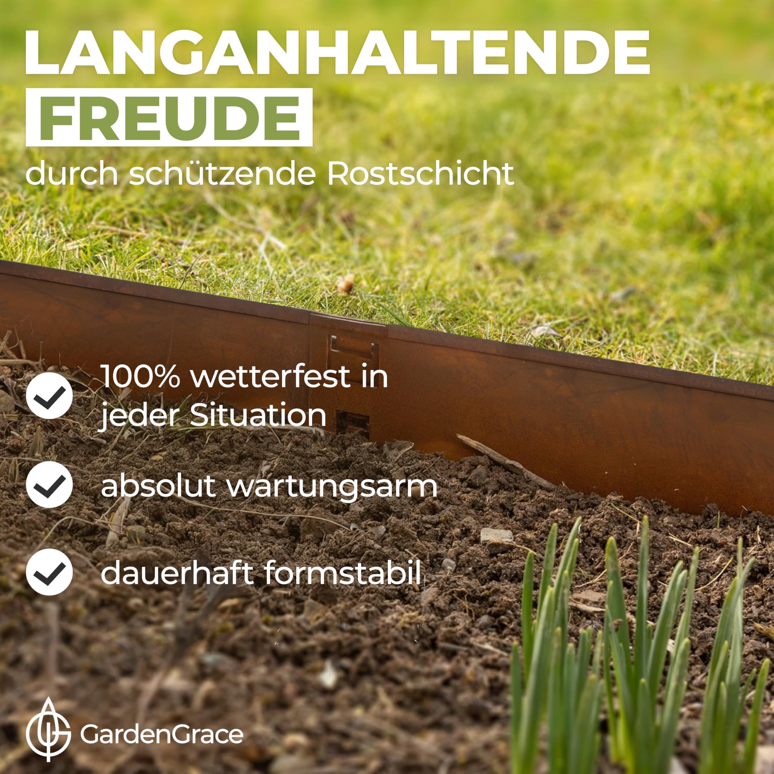 GardenGrace Cortenstahl Rasenkante mit runder Kante 5m x 1,5mm,16cm hoch - Premium Beeteinfassung Metall - Flexible Beetumrandung aus Edelrost Stahl für Garten| Rasenbegrenzung| (5)