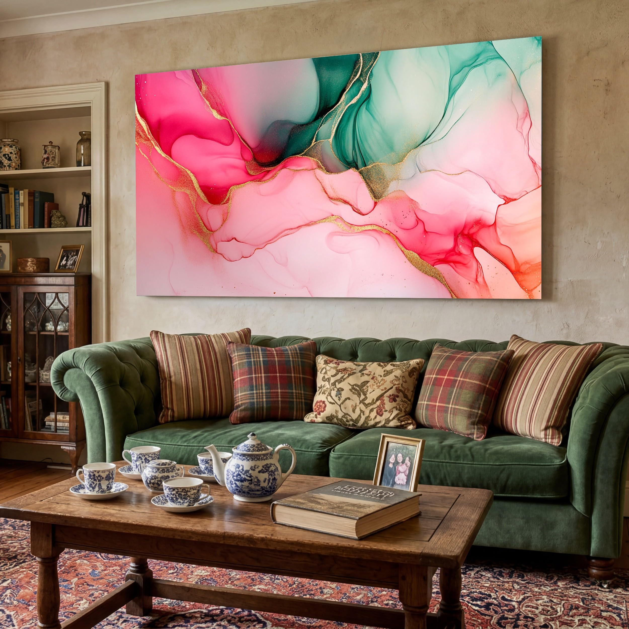 Leinwandbild 50x100 cm Abstrakt Tuschmalerei Wandbilder Modern Farbblock | Fertig Gerahmt auf Holzrahmen Kunstdruck Zeitgenössisch Flüssig Wohnzimmer Schlafzimmer Büro Dekoration