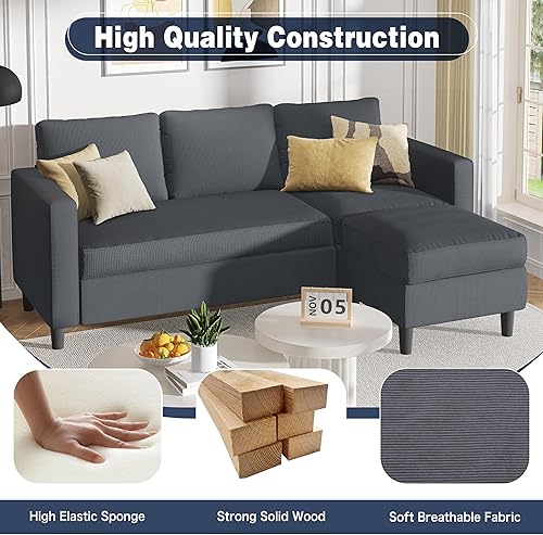 Miniatura 4 de Shintenchi Sofás seccionales pequeños, sofá en forma de L de 3 plazas con otomana, sofás convertibles tapizados de pana, sofá pequeño para