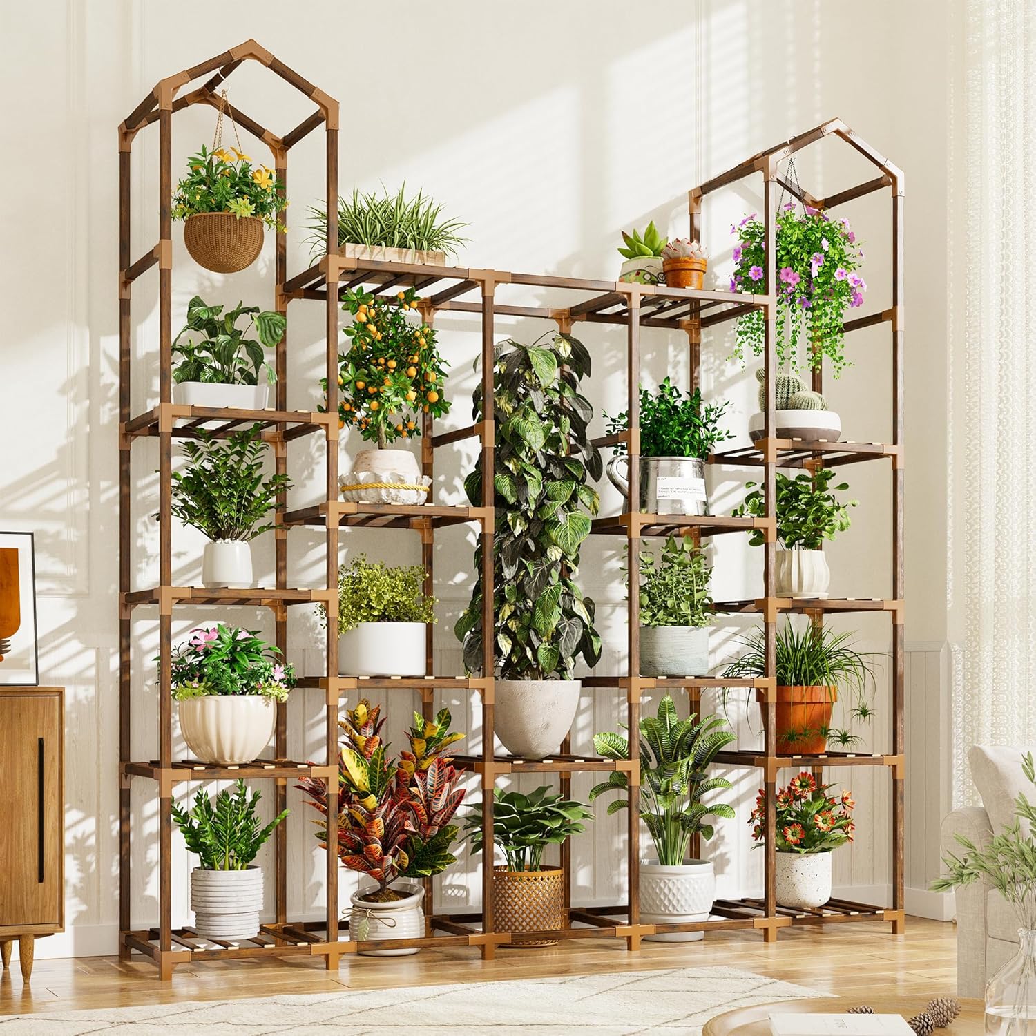 EnHomee Plant Stand Indoor Plant Stands Outdoor Tall Plant Shelf for 19-25 Pots Corner Tiered Plants Stands for Multiple Plants Wood Hanging Plants Holder for Garden Balcony Patio Window Porch