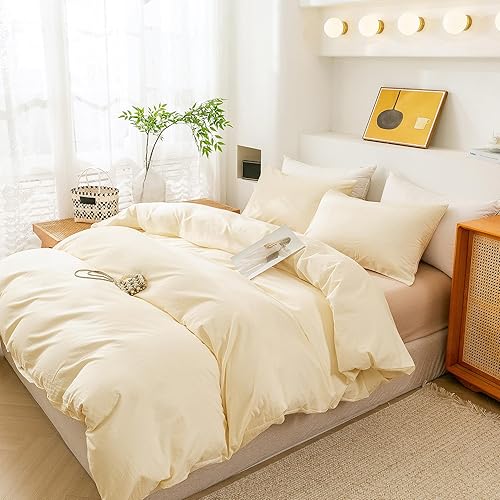 Miniatura 9 de ECOCOTT Funda de edredón color crema, tamaño King, 100% algodón lavado, juego de ropa de cama de 3 piezas, 1 funda de edredón con cremallera y 2