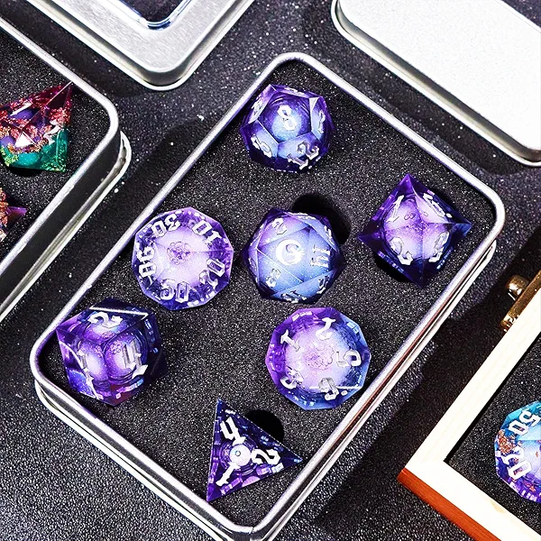 LINDRAGONHE Dark Moon Liquid Core DND Dice Set for Role Playing Games, Polyhedral Dungeons and Dragons Dice Set with Gift Box, Full Liquid Core Resin Sharp Edge D&D Dice Set (InkBlueDice)